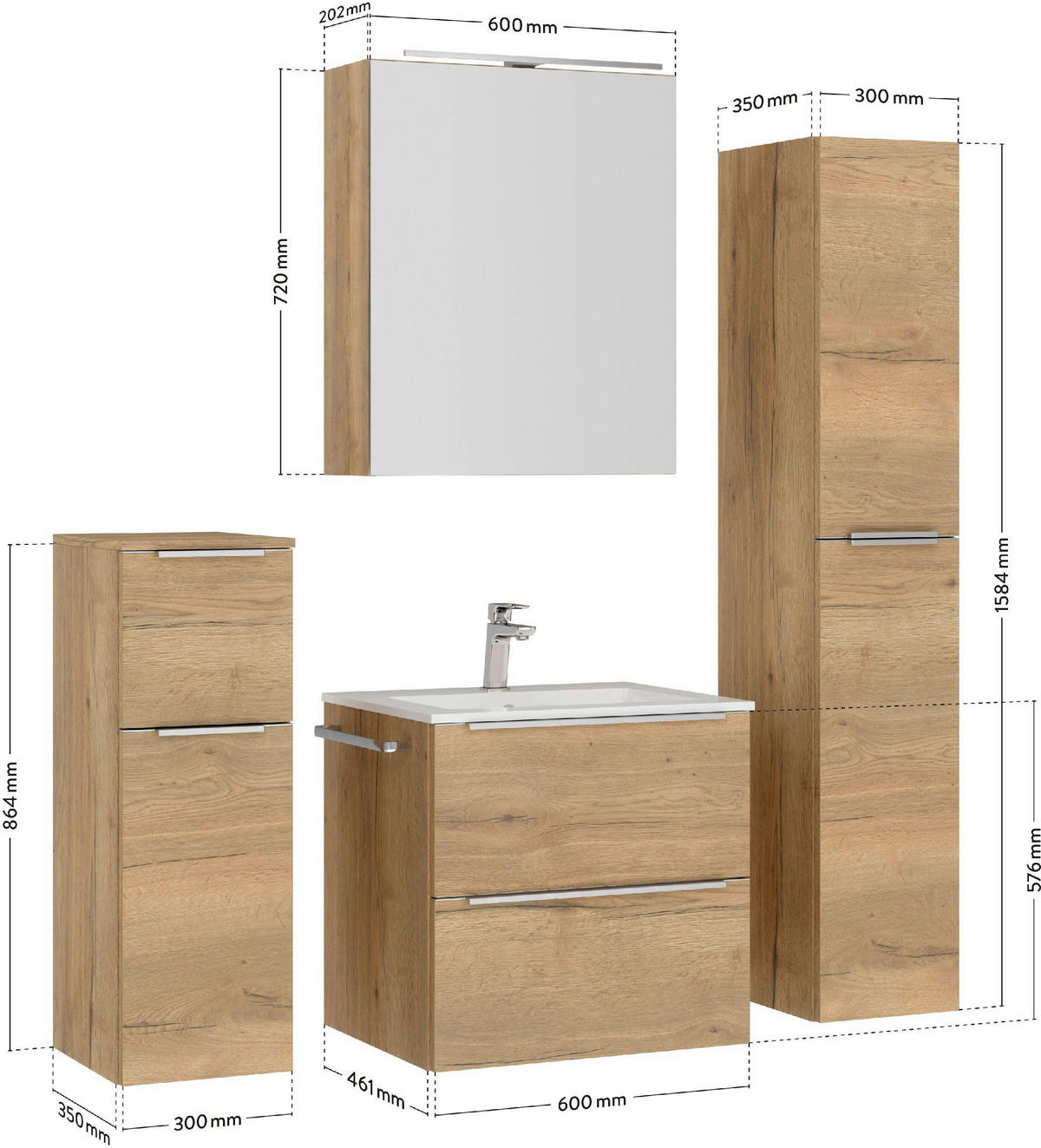 WASCHTISCHKOMBI 61 cm  - Edelstahlfarben/Eichefarben, MODERN, Holzwerkstoff/Stein (61cm) - Nobilia
