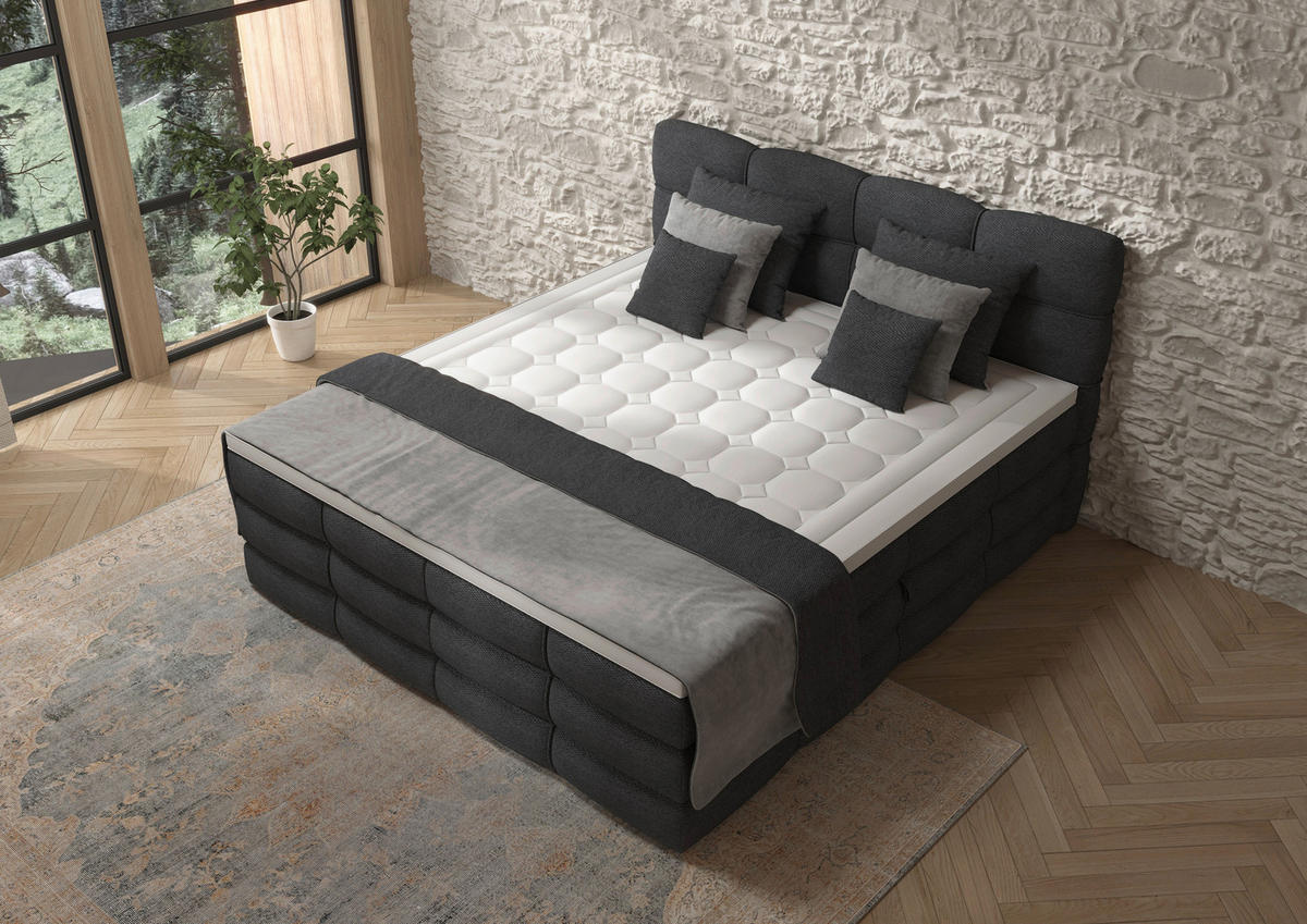 BOXSPRINGBETT 180/200 cm,  in Dunkelgrau, gepolstertes Kopfteil, Bettkasten, Topper, Matratzen, H3 + H3 = fest  - Dunkelgrau/Schwarz, Design, Kunststoff/Textil (180/200cm) - Chameo