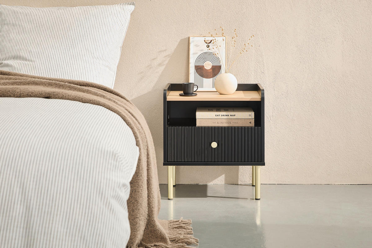 SÄNGBORD i svart, ekfärgad  - svart/guldfärgad, Design, metall/trämaterial (50/54/40cm) - Xora