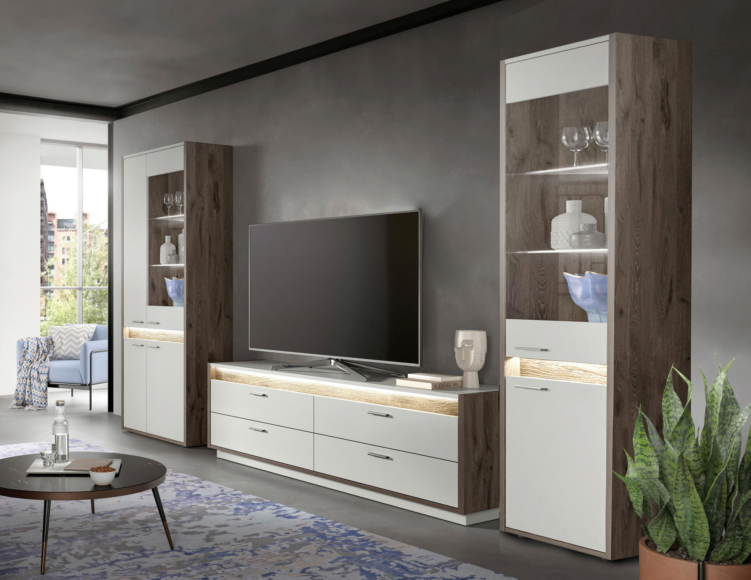 WOHNWAND 3-teilig  in  350/198/43 cm  - Design, Glas/Holzwerkstoff (350/198/43cm) - MID.YOU