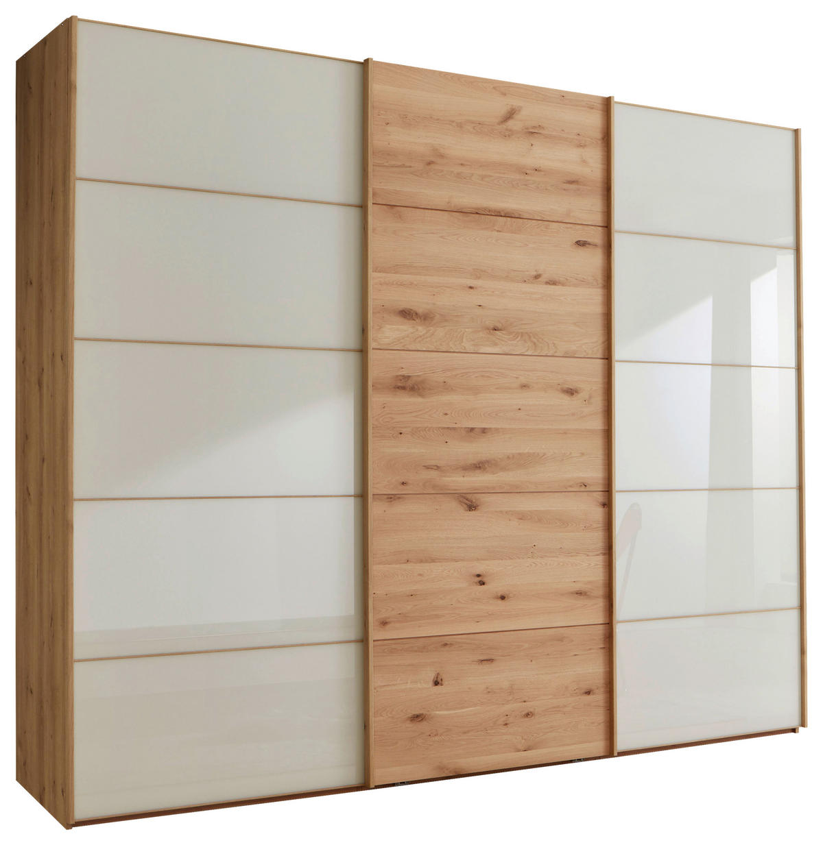 SCHWEBETÜRENSCHRANK Champagner, Eiche Bianco  - Eiche Bianco/Champagner, Natur, Glas/Holz (250/217/67cm) - Linea Natura