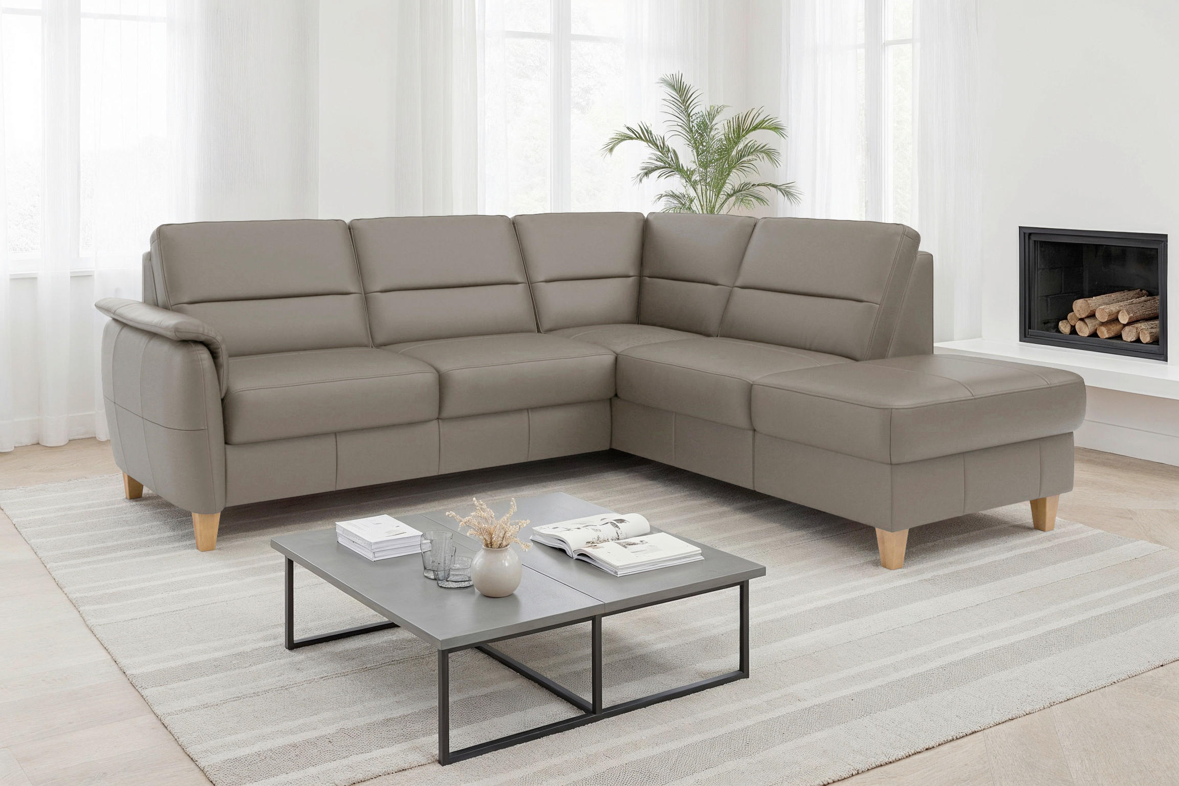 ECKSOFA PALMERA E in Echtleder Grau  236/212 cm  - Eichefarben/Grau, Basics, Leder/Holz (236/212cm) - Sit & More