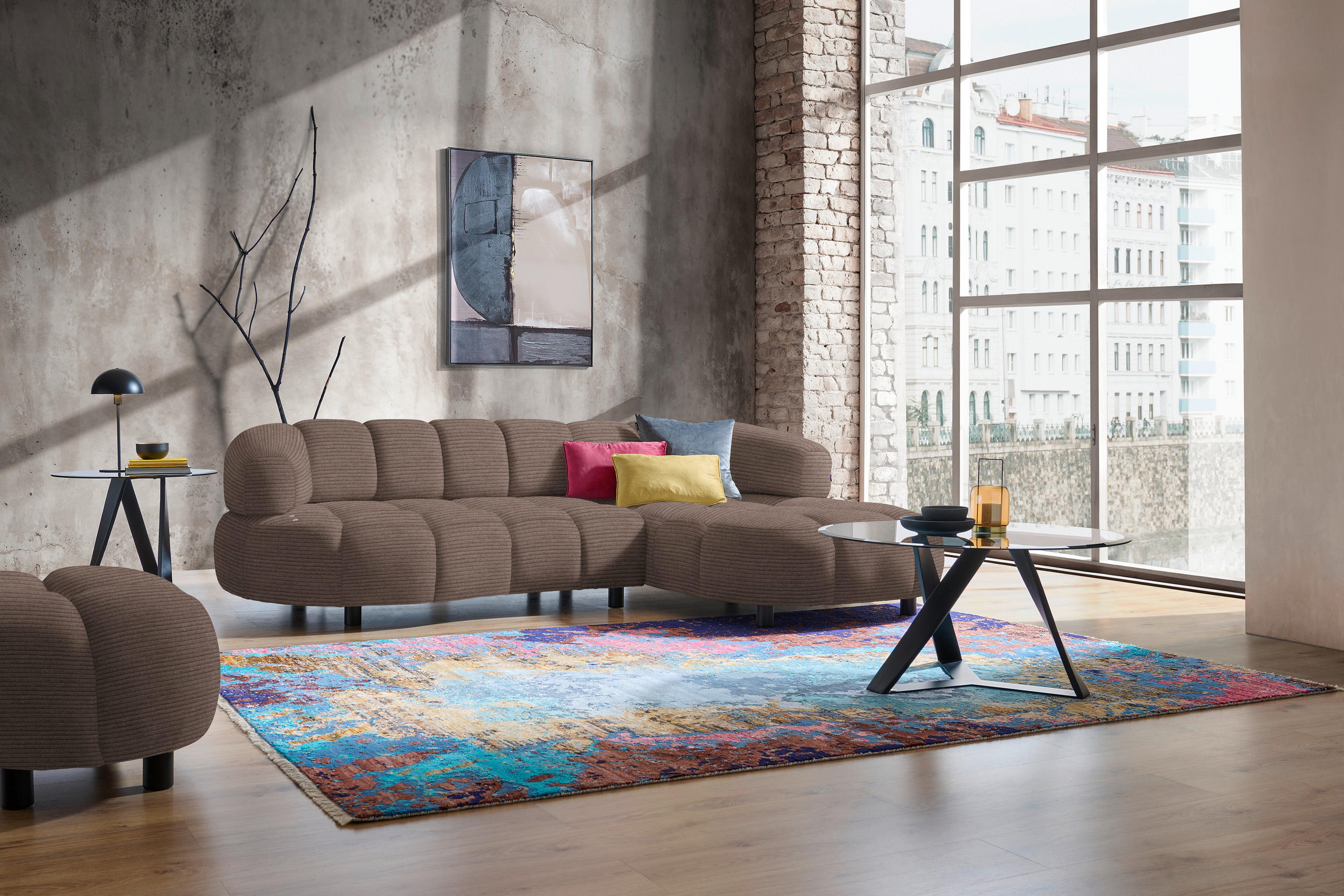 ECKSOFA in Cord, Velours Taupe  284/183 cm  - Taupe/Schwarz, Design, Holz/Textil (284/183cm) - Welnova