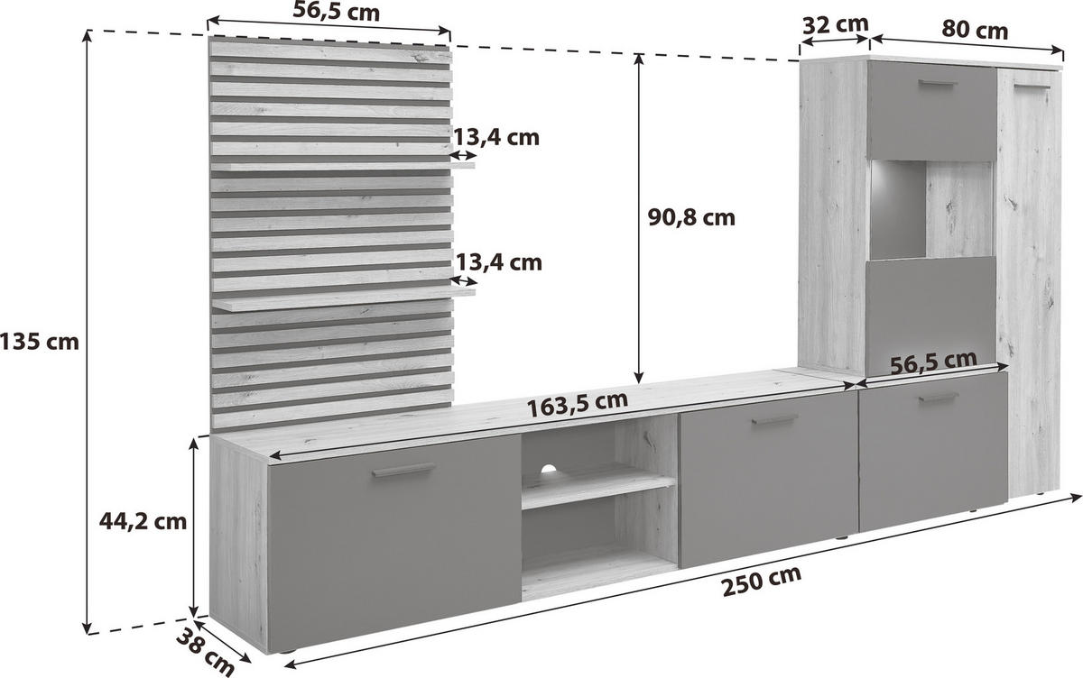 WOHNWAND  in Weiß, Eiche Artisan  250/135/38 cm  - Anthrazit/Schwarz, Design, Glas/Holzwerkstoff (250/135/38cm) - MID.YOU