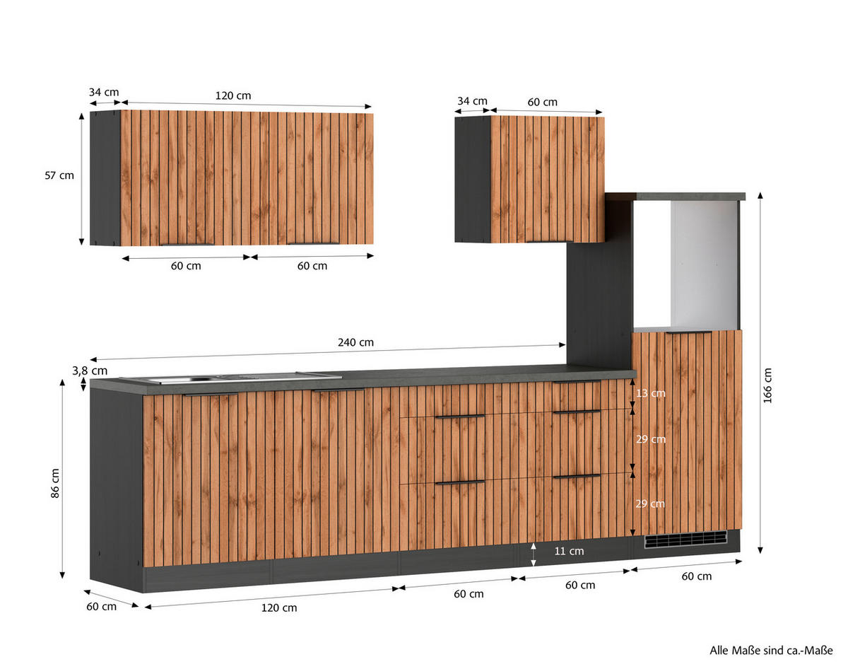 KÜCHENLEERBLOCK 300 cm   in Graphitfarben, Eiche Wotan  - Schieferfarben/Eiche Wotan, Basics, Holzwerkstoff/Metall (300cm) - Held
