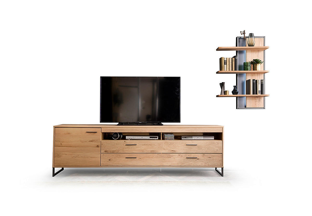 MEDIABÄNK i faner, massiv kvistek ekfärgad  - svart/ekfärgad, Design, metall/trämaterial (224/67/50cm) - Livetastic