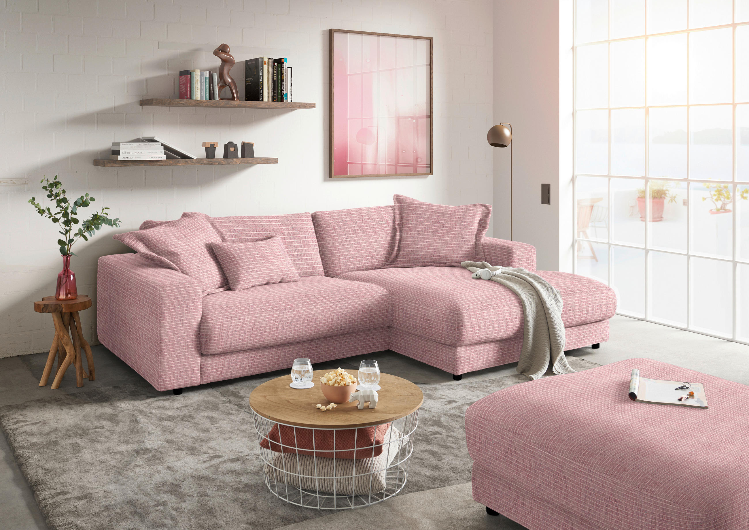 ECKSOFA in Chenille Rosa  - Schwarz/Rosa, Design, Kunststoff/Textil (270/190cm) - Lomoco