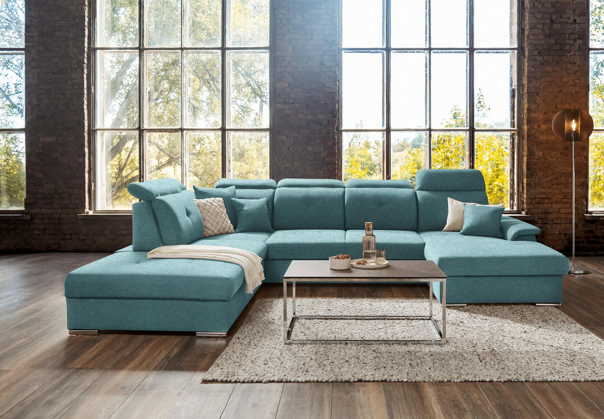 WOHNLANDSCHAFT in Flachgewebe Türkis  - Türkis/Silberfarben, Design, Kunststoff/Textil (263/365/187cm) - Cantus