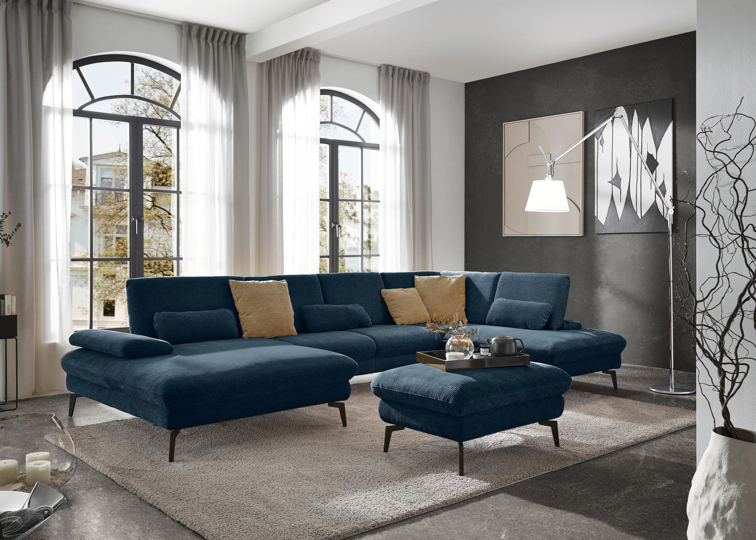WOHNLANDSCHAFT in Webstoff Blau  - Blau/Schwarz, Design, Textil/Metall (157/354/208cm) - Dieter Knoll