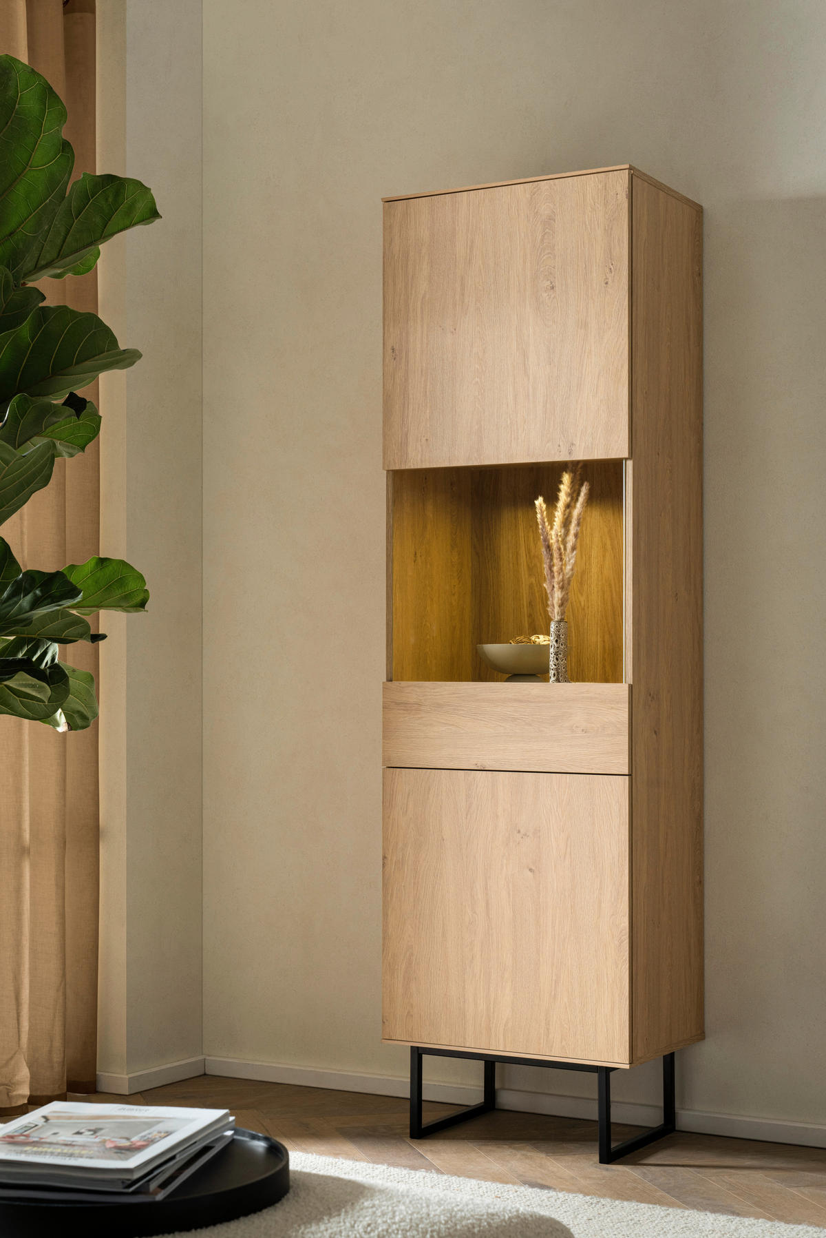 VITRINE in Eichefarben  - Eichefarben/Schwarz, Design, Glas/Holzwerkstoff (58/200/40cm) - Modante
