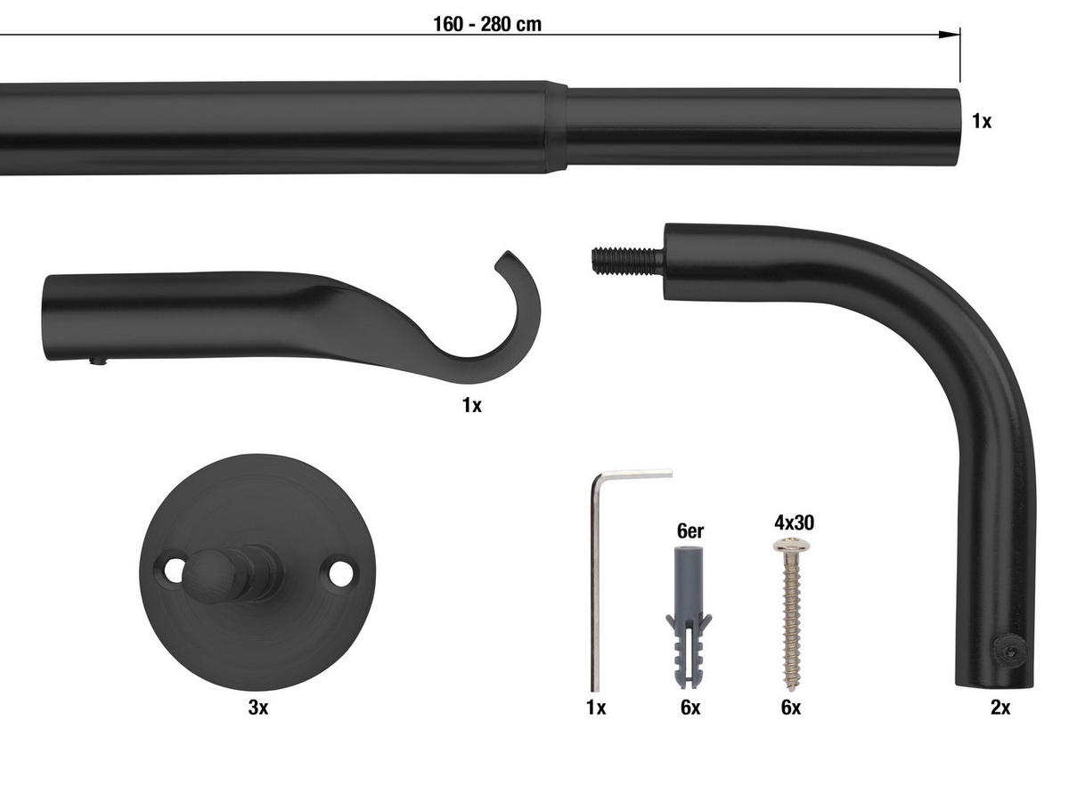 VORHANGSTANGENSET  160 cm  - Schwarz, Design, Metall (160cm)