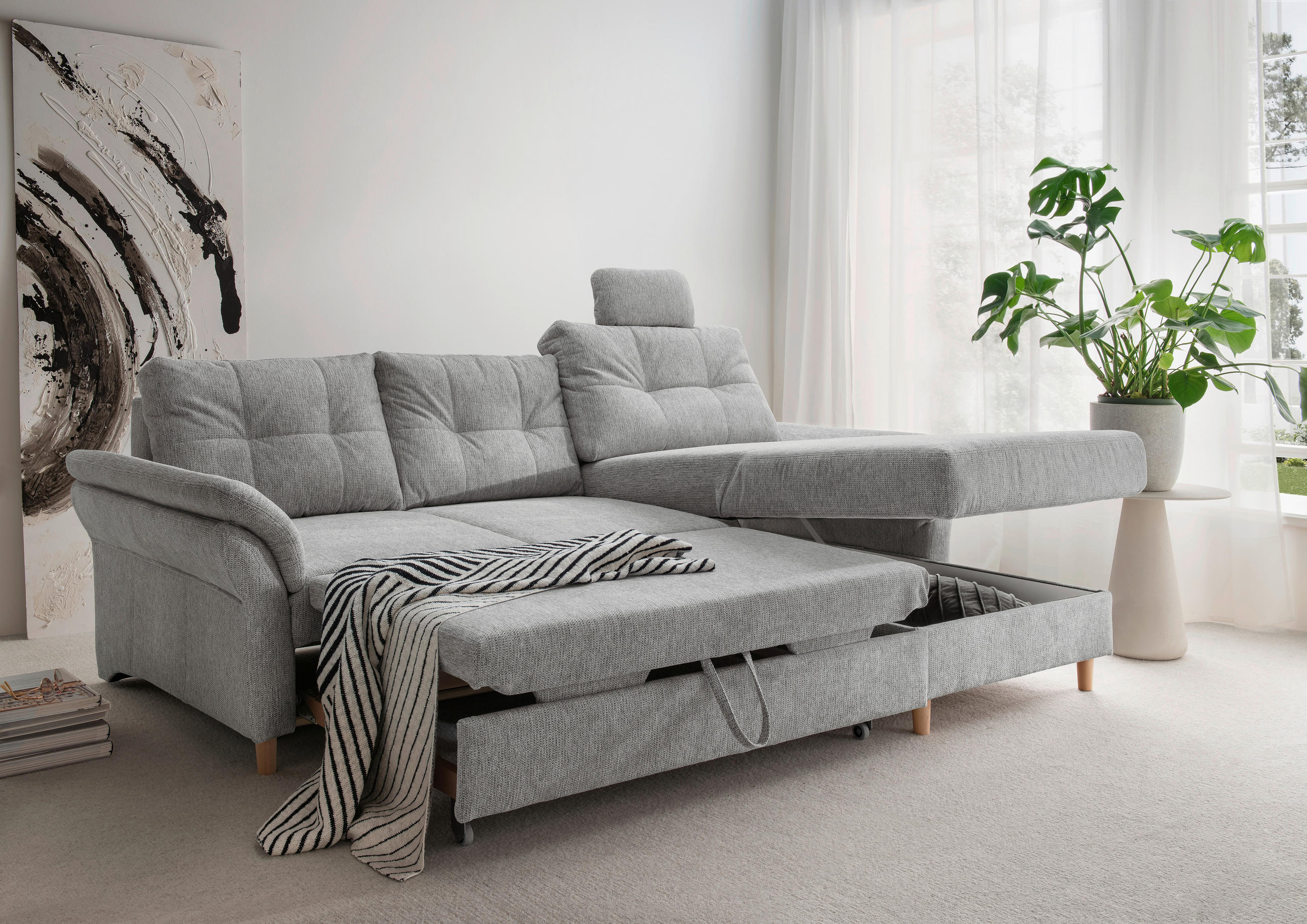 ECKSOFA in Chenille Silberfarben - Silberfarben/Naturfarben, Modern, Holz/Textil (250/176cm) - Livetastic