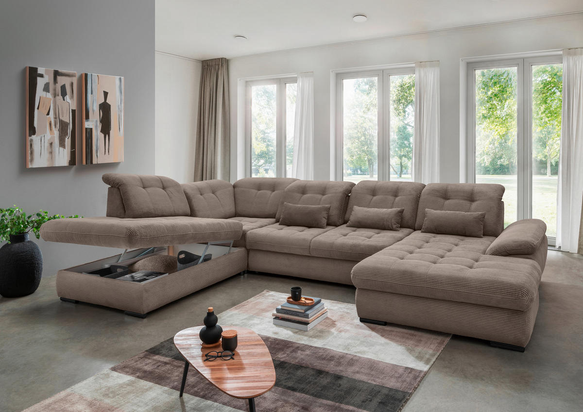 WOHNLANDSCHAFT in Cord Graubraun  - Graubraun/Schwarz, Modern, Textil/Metall (252/387/184cm) - Livetastic