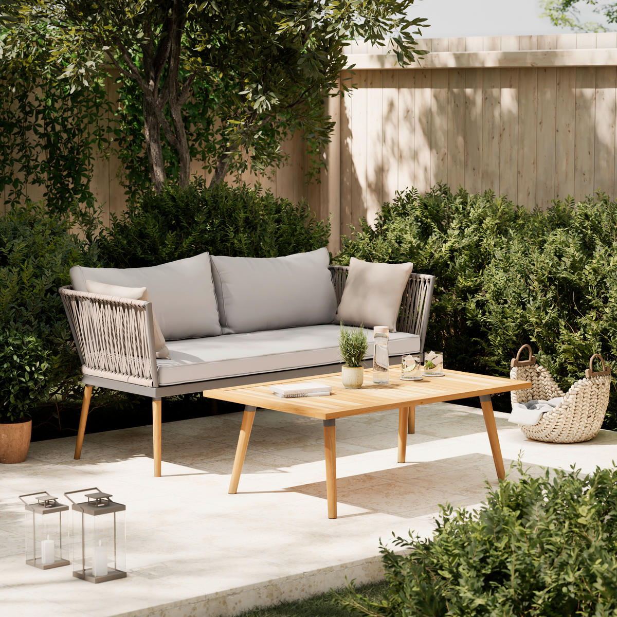 GARTENSET Webstoff Akazie massiv Eisen  - Schwarz/Akaziefarben, MODERN, Holz/Textil (110/161,7/40/75,8/70/77cm) - Ambia Garden