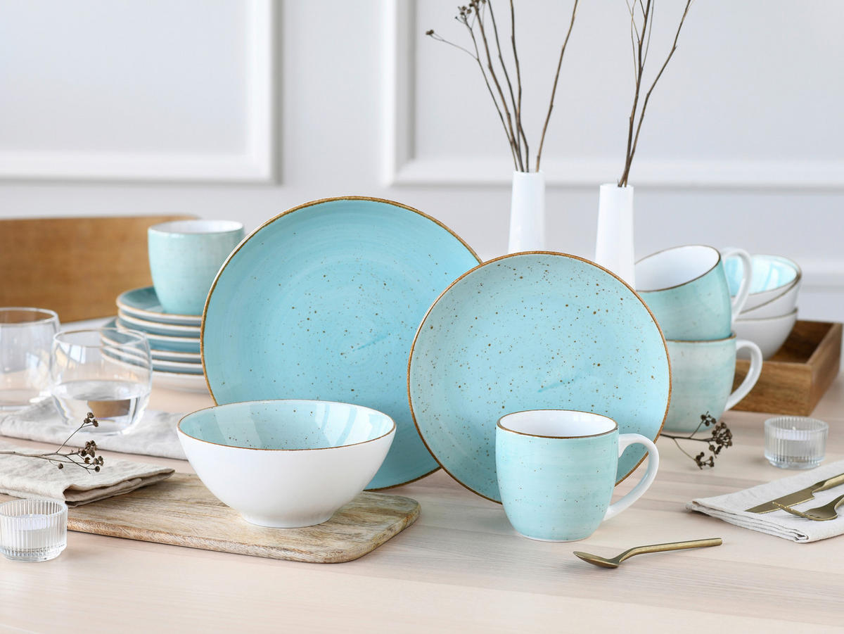 KOMBISERVICE Weiß, Hellblau Vintage Nature Aqua 16-teilig 4 Personen  - Weiß/Hellblau, Basics, Keramik - Creatable