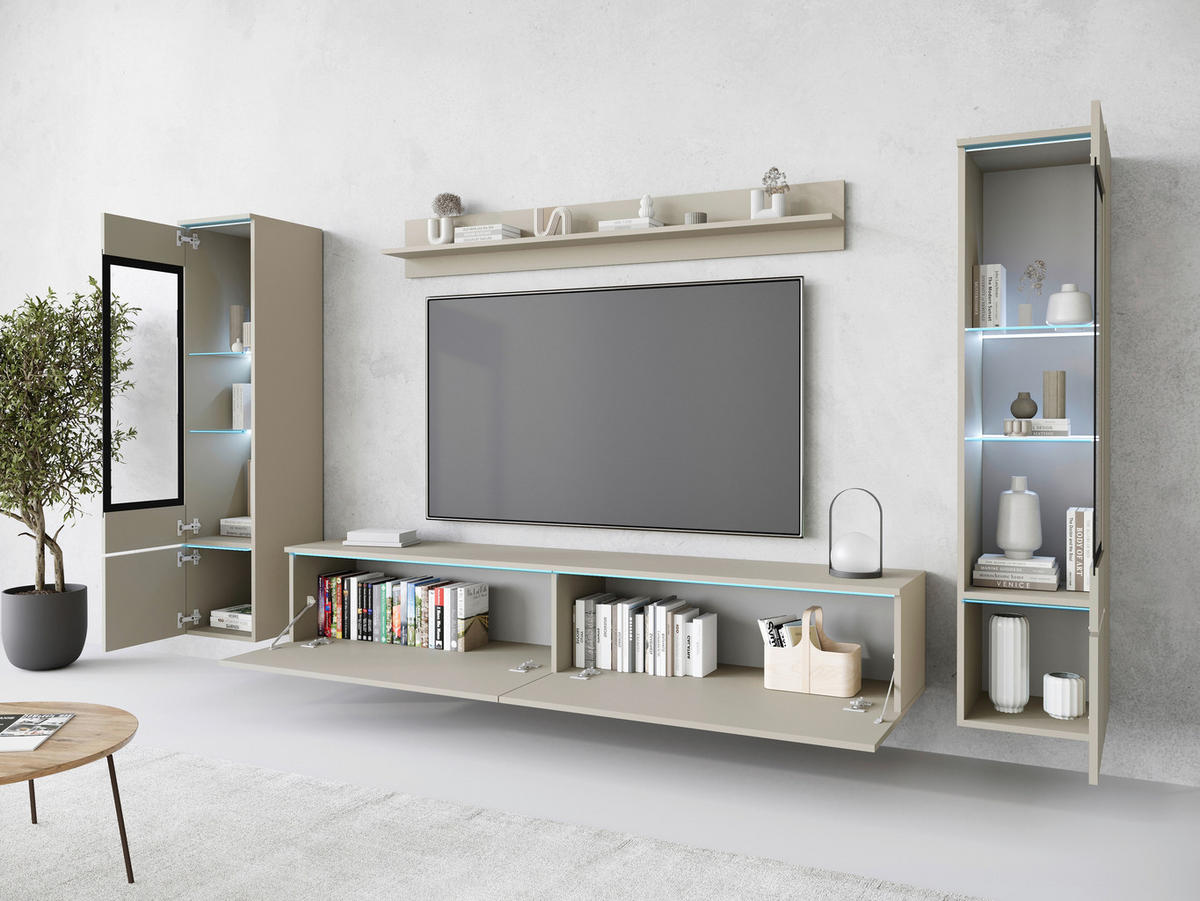 HYLLKOMBINATION 4 delar  i beige, kashmir   - beige/grå, Trend, trämaterial/glas (240/130/33cm)