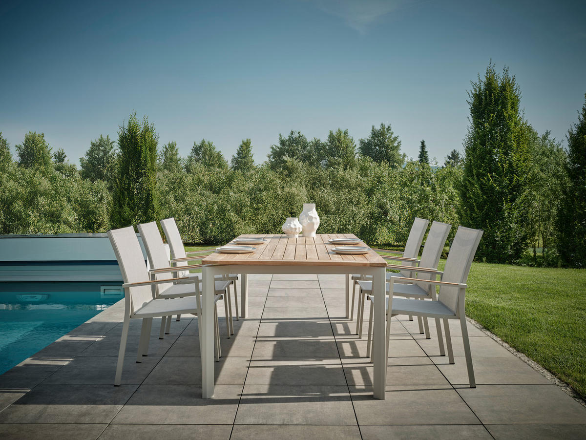 GARTENTISCHGRUPPE Flachgewebe Teakholzmassiv Aluminium  - Greige/Teakfarben, Basics, Holz/Textil - Stern