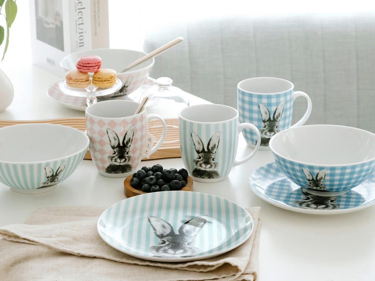 FRÜHSTÜCKSSERVICE Weiß, Hellblau Happy Bunny 3-teilig 1 Personen  - Weiß/Hellblau, Basics, Keramik - Creatable