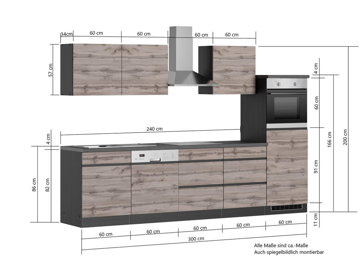 KÜCHENBLOCK 300 cm   in Grau, Eiche Wotan  - Eiche Wotan/Grau, Design, Holzwerkstoff (300cm) - Held