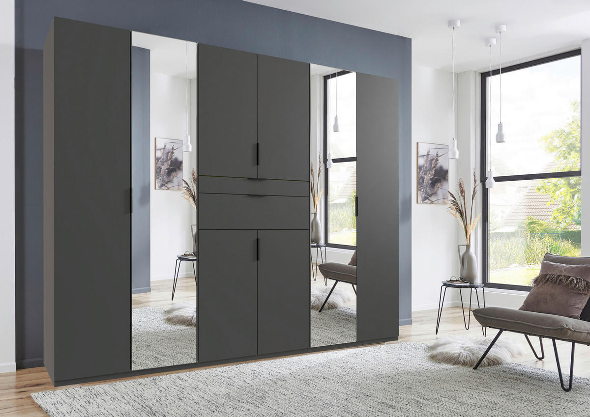 KLEIDERSCHRANK 270/210/58 cm 8-türig Graphitfarben  - Schwarz/Graphitfarben, MODERN, Glas/Holzwerkstoff (270/210/58cm) - Boxxx