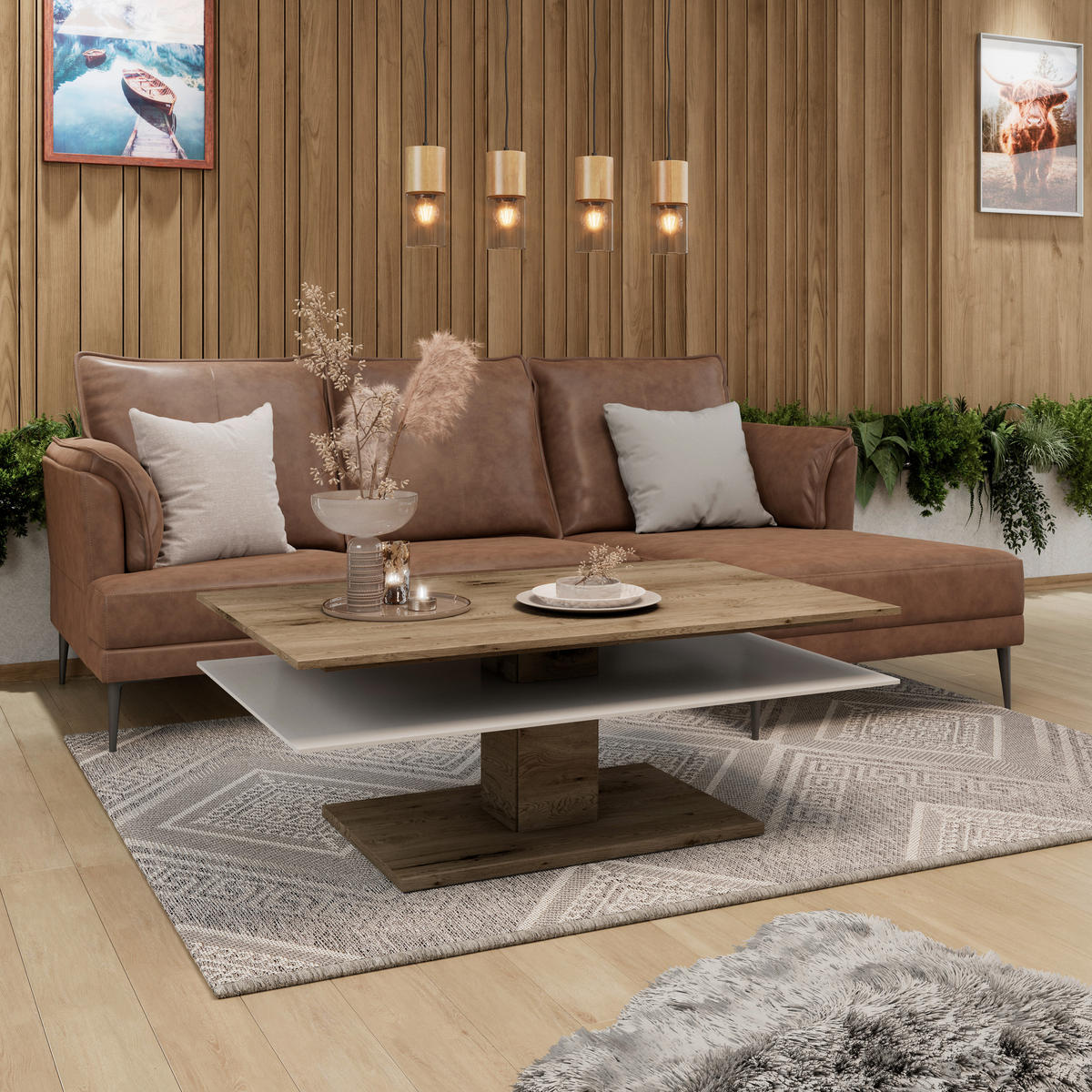 COUCHTISCH in Holz, Glas 120/75/46 cm  - Weiss/Eichefarben, Design, Glas/Holz (120/75/46cm) - Voglauer