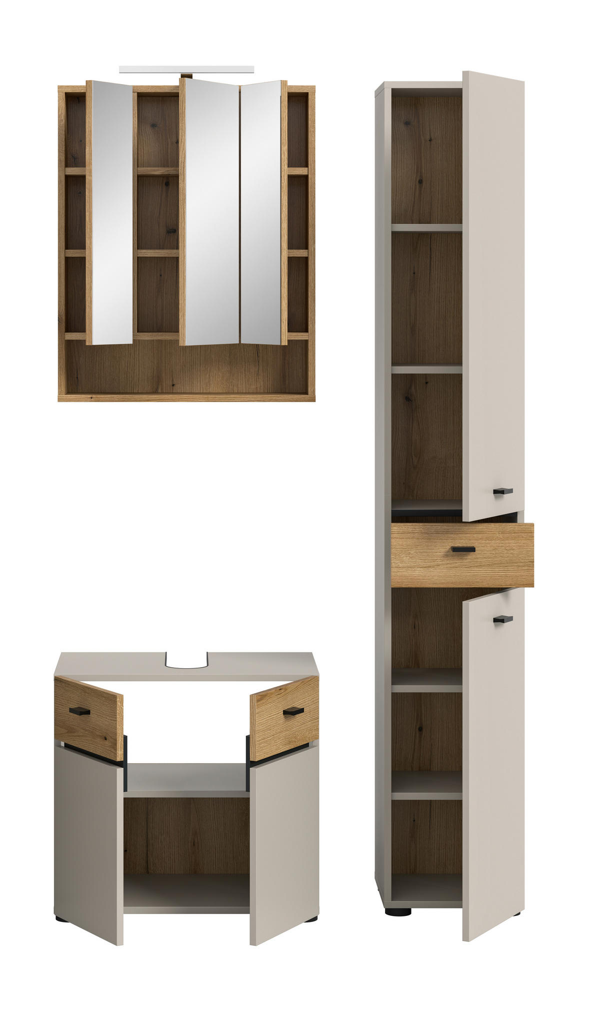 BADEZIMMER 3-teilig  in 92 cm  - Kaschmir/Eichefarben, Trend, Glas/Holzwerkstoff (92cm) - MID.YOU