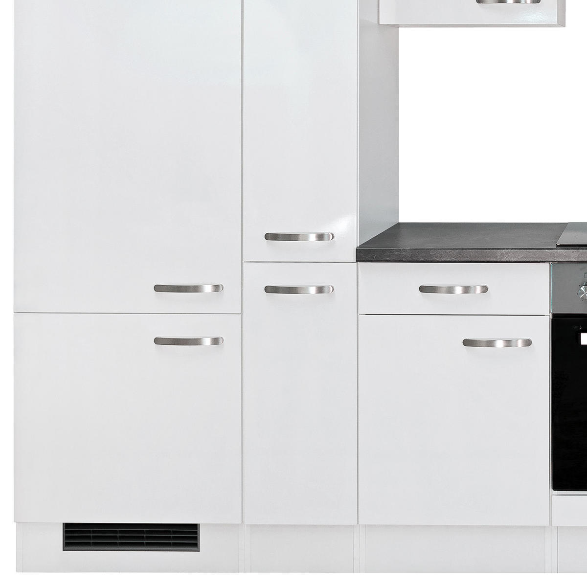 KÜCHENBLOCK 310 cm   in Weiß, Weiß Hochglanz  - Schieferfarben/Edelstahlfarben, MODERN, Holzwerkstoff/Metall (310cm) - FlexWell