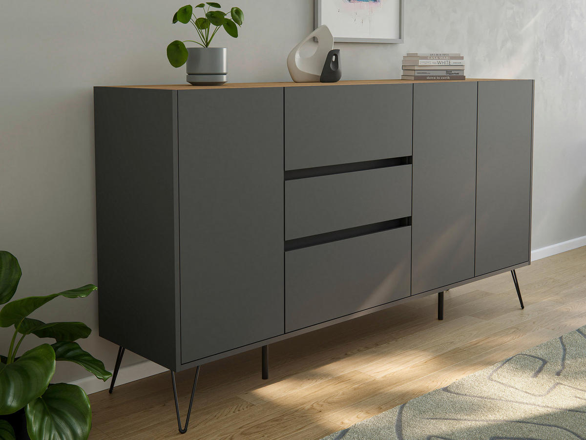 SIDEBOARD Posseik Industrial 177/93,6/42 cm 3 Schublade(n)  - Eichefarben/Graphitfarben, Design, Holzwerkstoff/Metall (177/93,6/42cm) - P & B