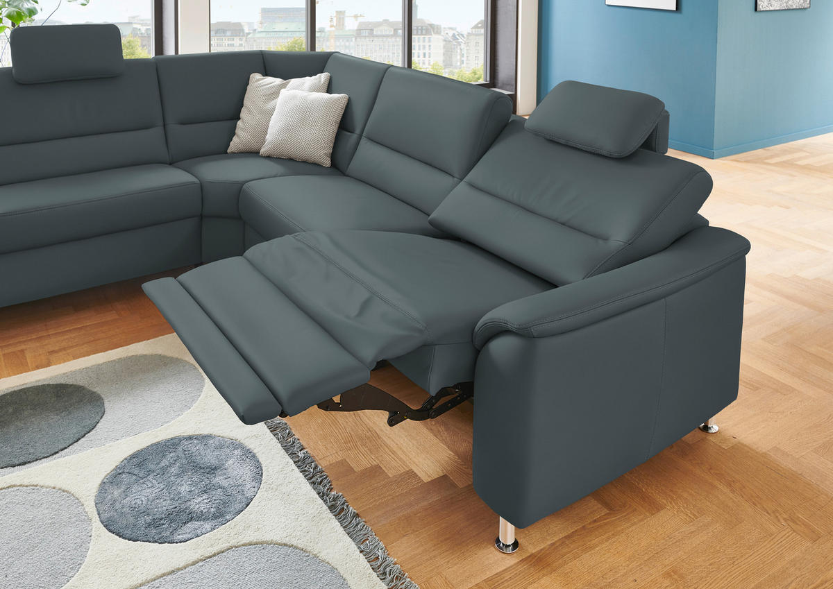 ECKSOFA in Echtleder Blaugrau  - Blaugrau/Alufarben, Basics, Leder/Metall (249/290cm) - Beldomo Premium