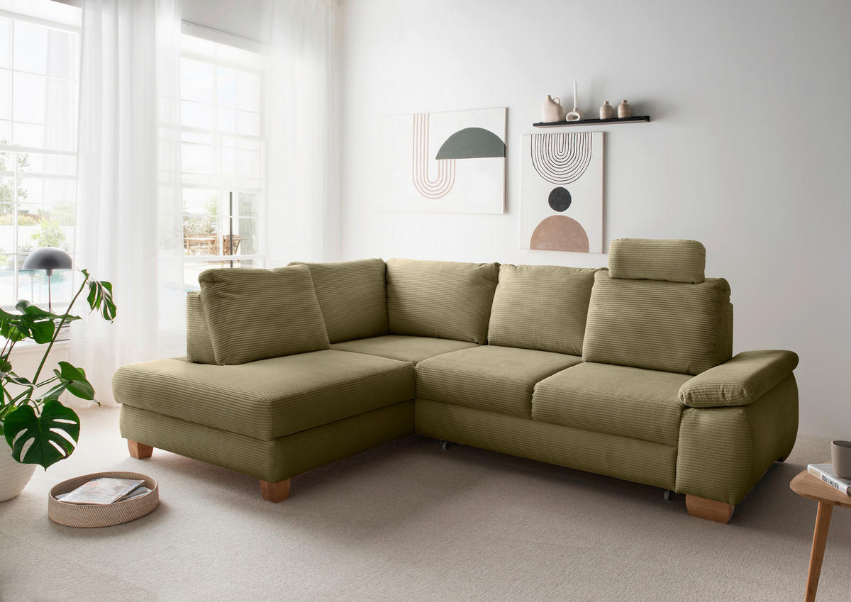 ECKSCHLAFSOFA  mit Liegefunktion, Rücken echt, Armteil rechts Cord Olivgrün  - Wildeiche/Olivgrün, MODERN, Holz/Textil (206/261cm) - Livetastic