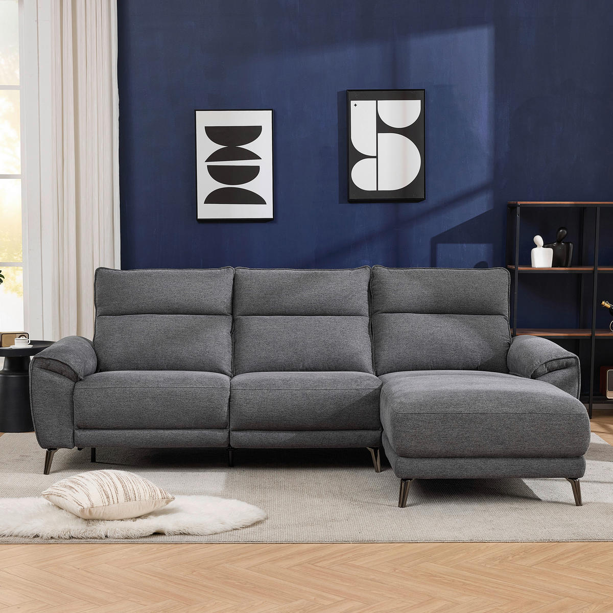 ECKSOFA Dunkelgrau Webstoff Rücken echt, Relaxfunktion  - Chromfarben/Dunkelgrau, Design, Textil/Metall (272/168cm) - Carryhome