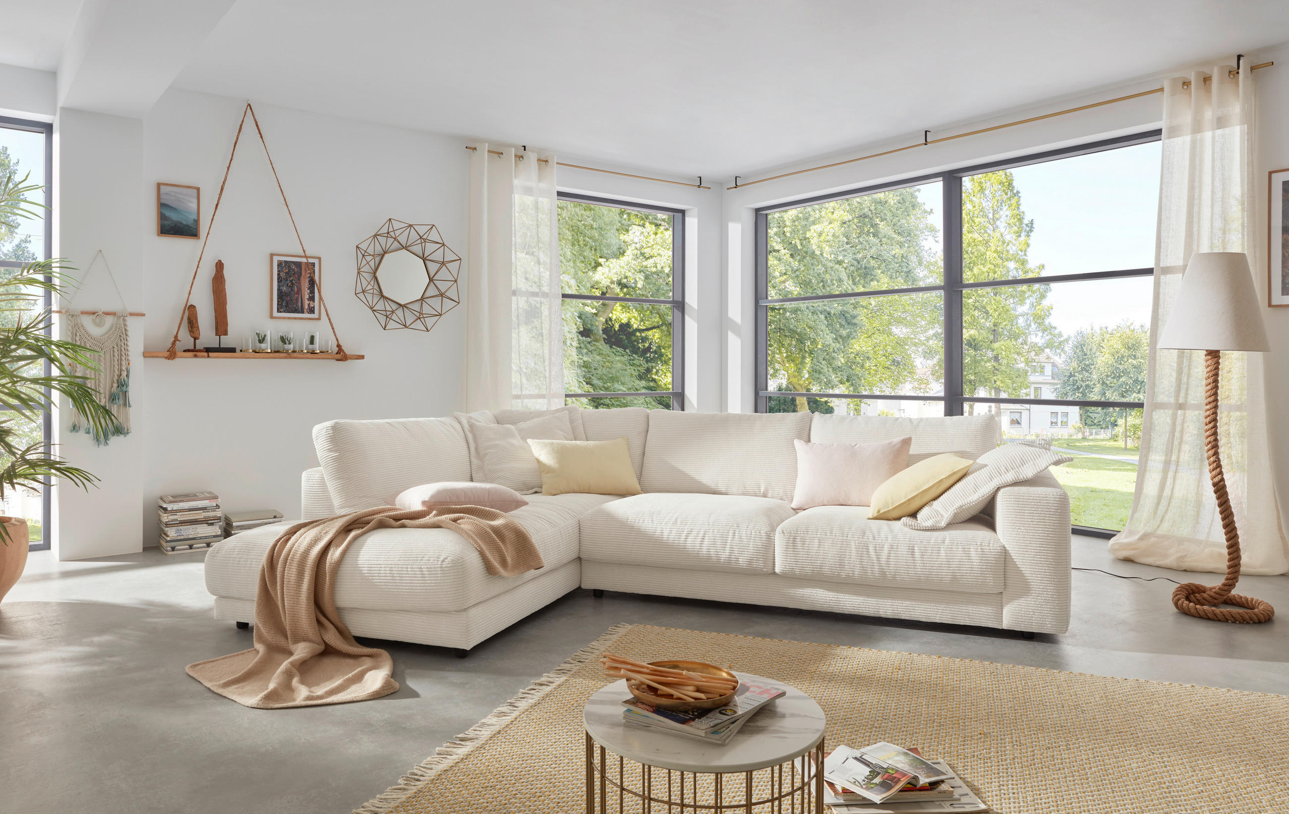 ECKSOFA in Cord Creme  - Creme/Schwarz, Design, Kunststoff/Textil (224/325cm) - Hom`in