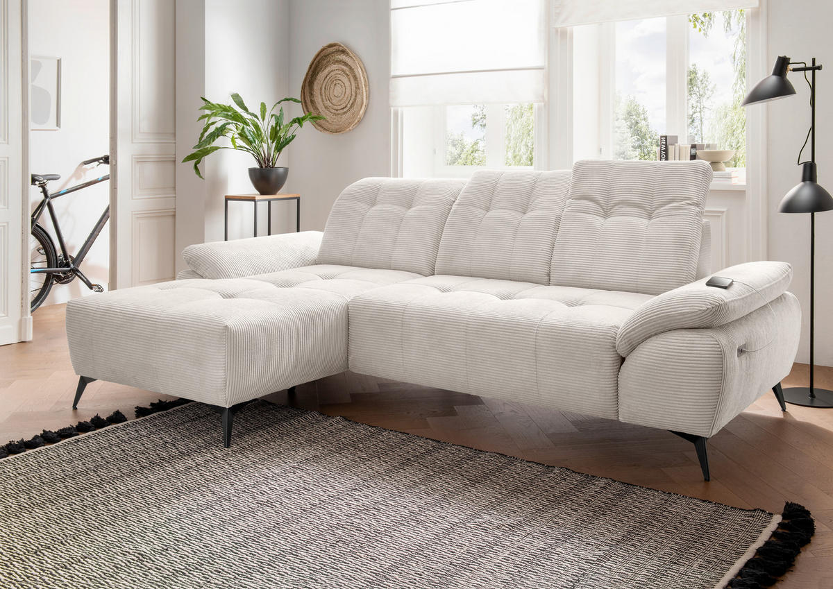ECKSOFA FIORE in Cord Beige Kopfteilverstellung, Sitzvorzug  180/280 cm  - Beige/Schwarz, MODERN, Textil/Metall (180/280cm) - Livetastic