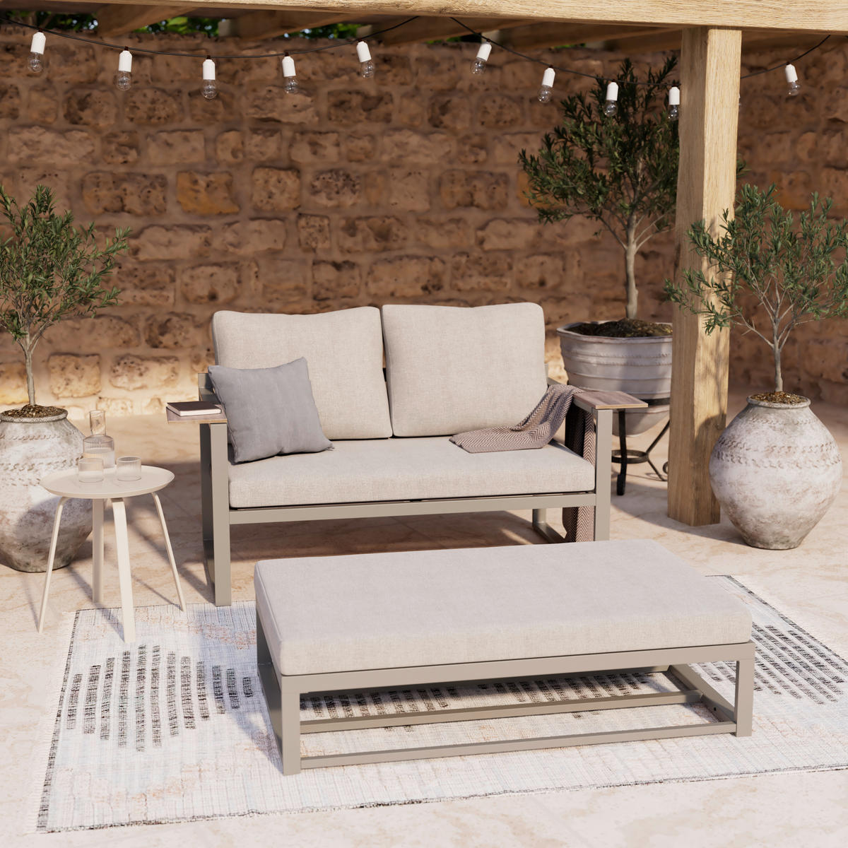 LOUNGEGARNITUR 2-teilig   155/65/74 cm Stahl  - Dunkelgrau/Beige, MODERN, Kunststoff/Textil (155/65/74cm) - Ambia Garden