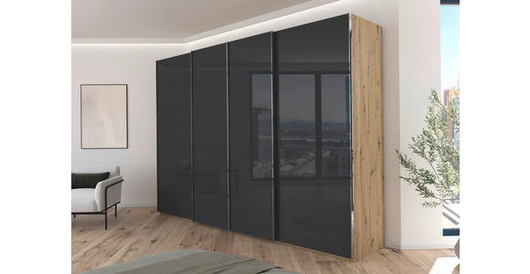 SCHWEBETÜRENSCHRANK 316/223/68 cm 4-türig Grau, Eiche Artisan - Chromfarben/Eiche Artisan, Design, Glas/Holzwerkstoff (316/223/68cm) - Novel