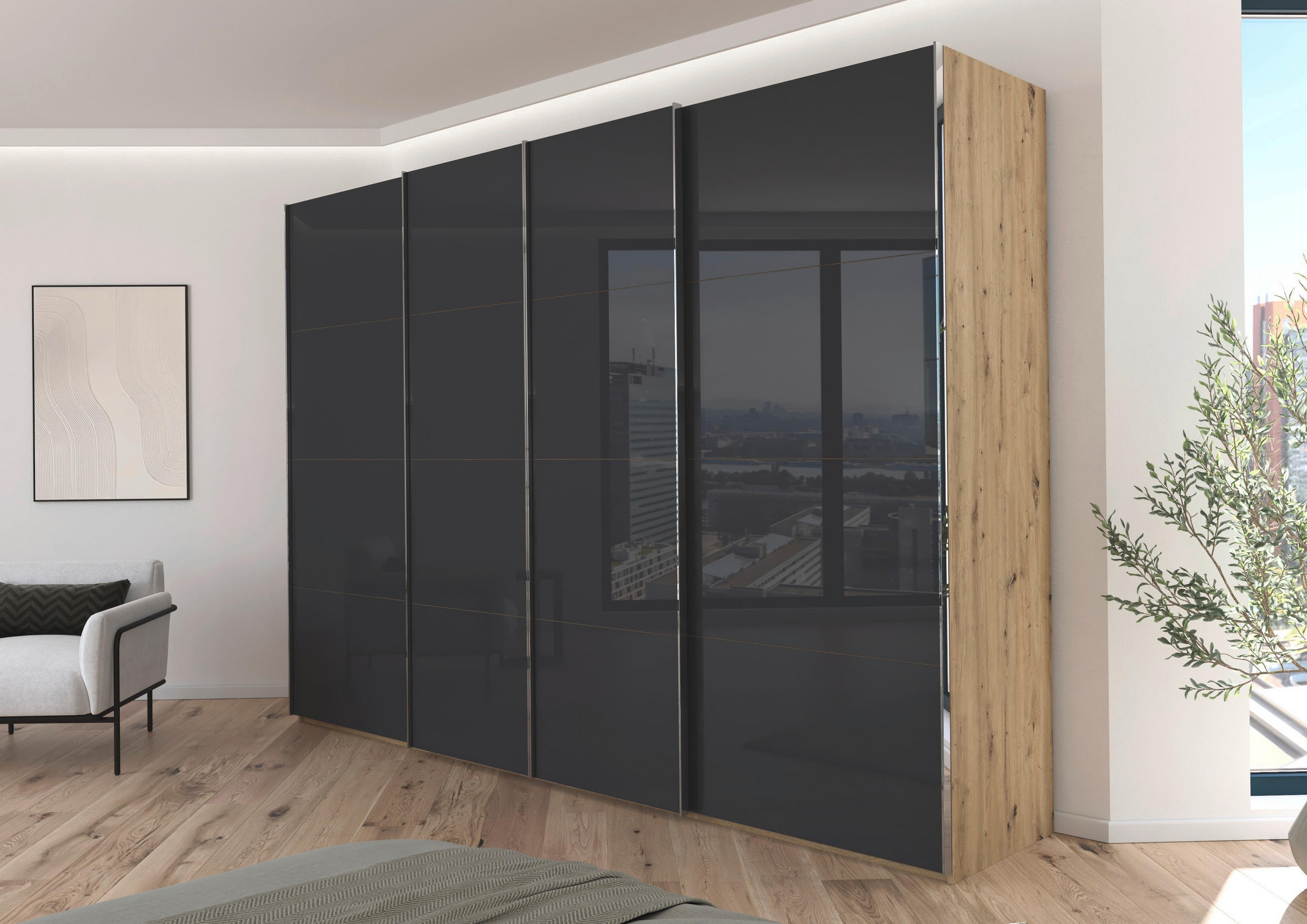 SCHWEBETÜRENSCHRANK 316/223/68 cm 4-türig Grau, Eiche Artisan  - Chromfarben/Eiche Artisan, Design, Glas/Holzwerkstoff (316/223/68cm) - Novel