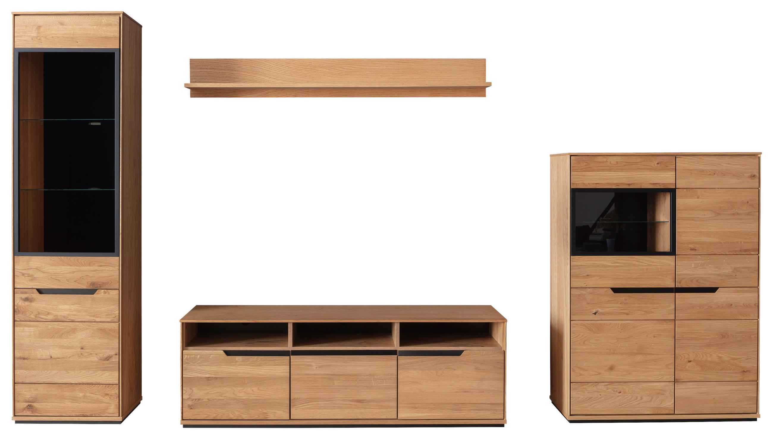 WOHNWAND 4-teilig  in Wildeiche  338/196/46 cm    - Wildeiche/Eichefarben, Natur, Glas/Holz (338/196/46cm) - Linea Natura