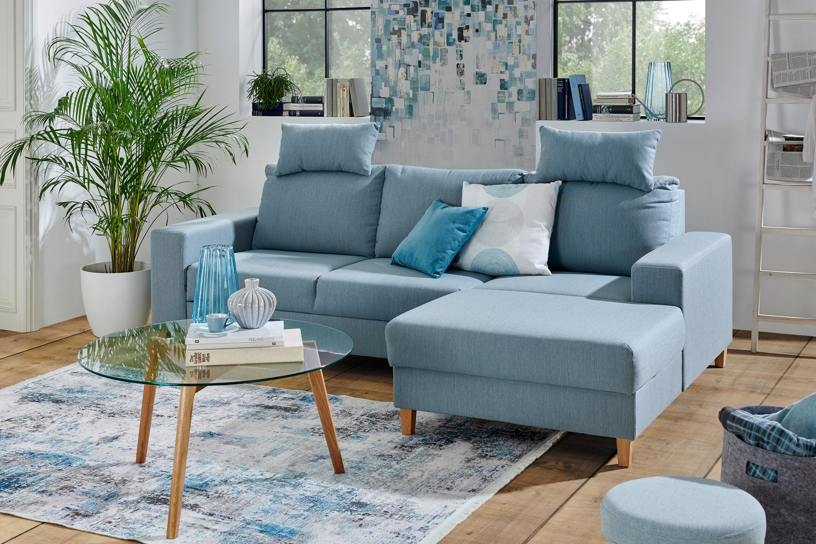 ROHOVÁ SEDAČKA, textil, světle modrá - světle modrá/barvy buku, Design, dřevo/textil (260/160cm) - Ti'me