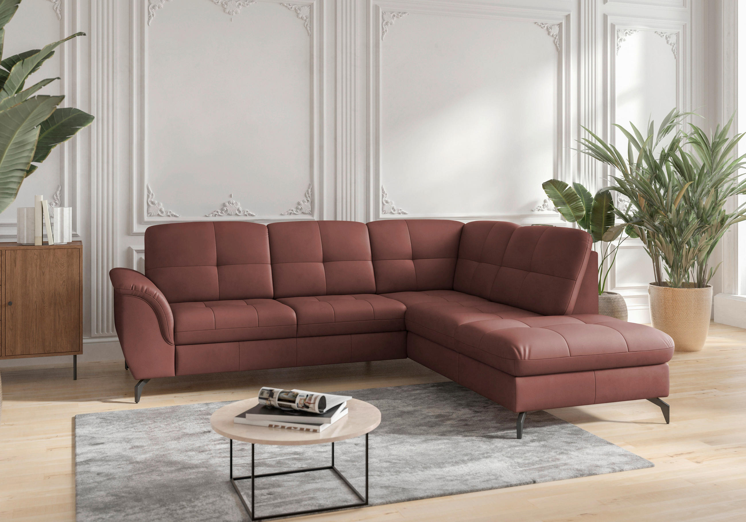 ECKSOFA ZORA E Rotbraun Echtleder  - Rotbraun/Schwarz, MODERN, Leder/Metall (244/212cm) - Sit & More