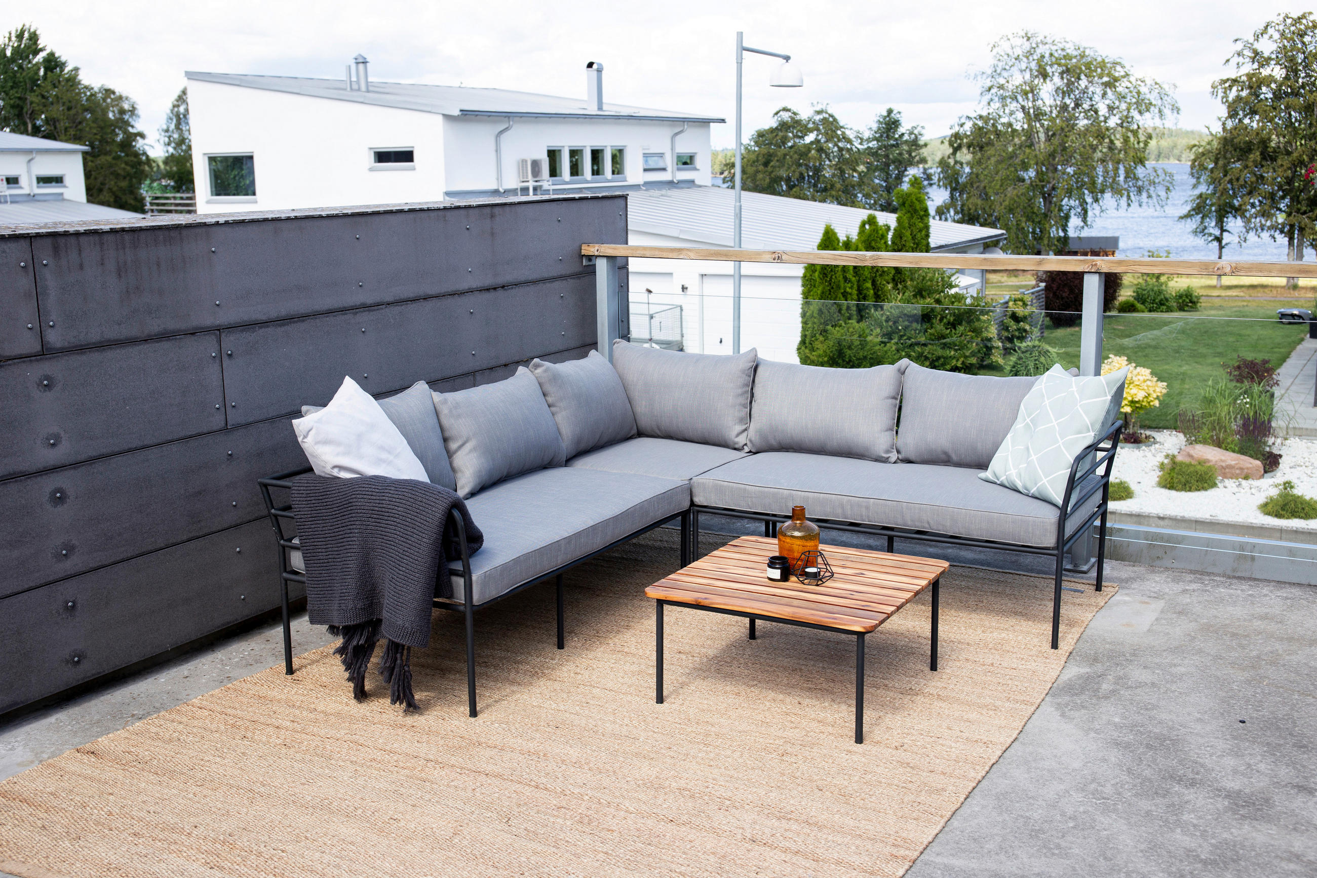 LOUNGEGARNITUR Akazie Stahl  - Schwarz/Grau, KONVENTIONELL, Holz/Metall - Gardenson