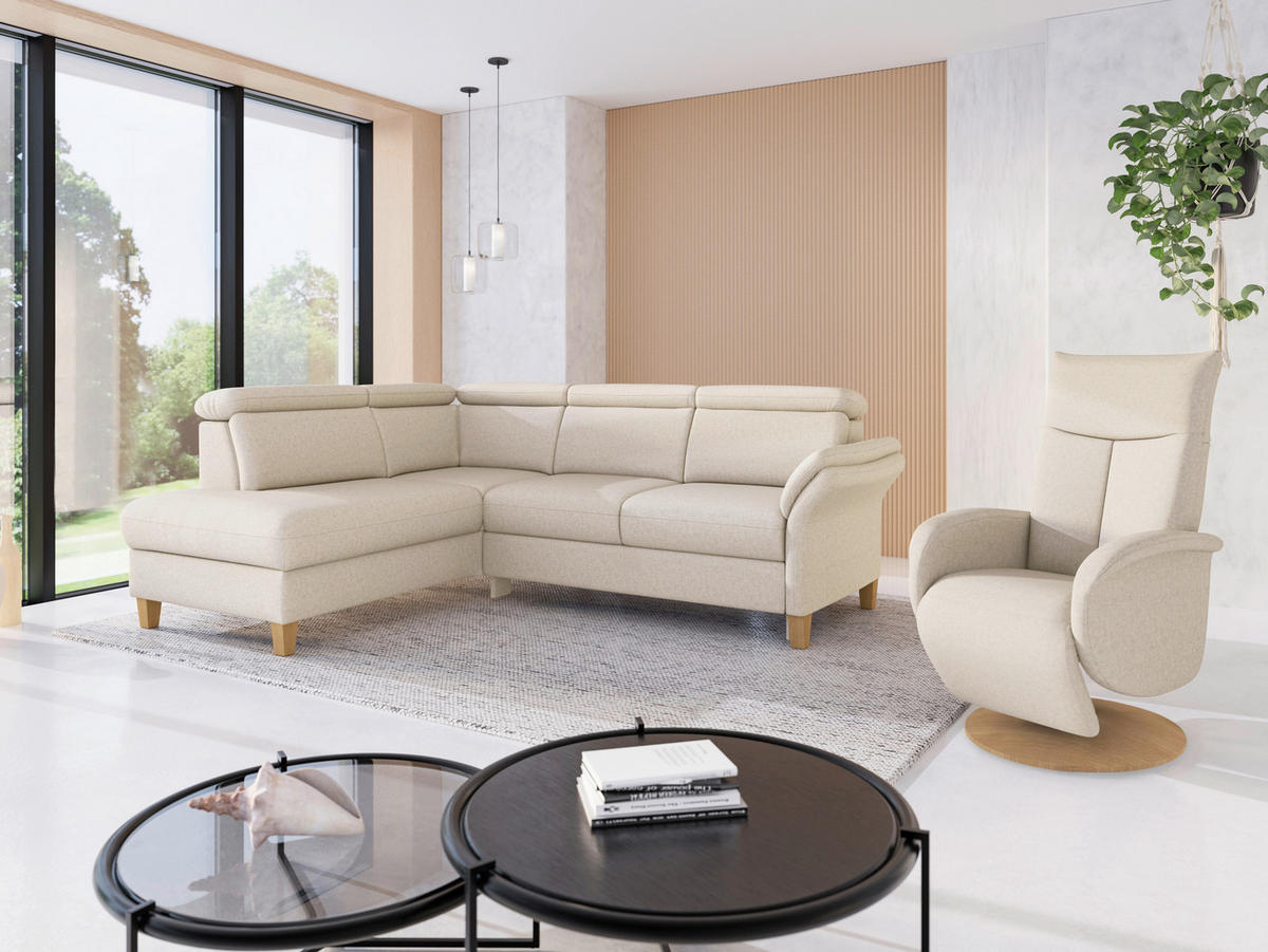 ECKSOFA Flachgewebe Creme  - Eichefarben/Creme, Konventionell, Holz/Textil (193/247cm) - Sit & More