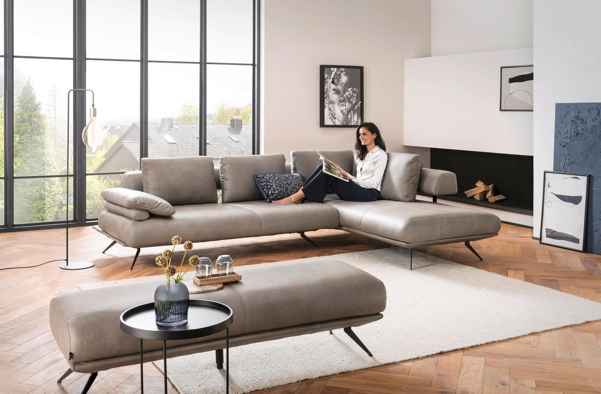 ECKSOFA in Echtleder Grau  305/231 cm  - Schwarz/Grau, Design, Leder/Metall (305/231cm) - Dieter Knoll