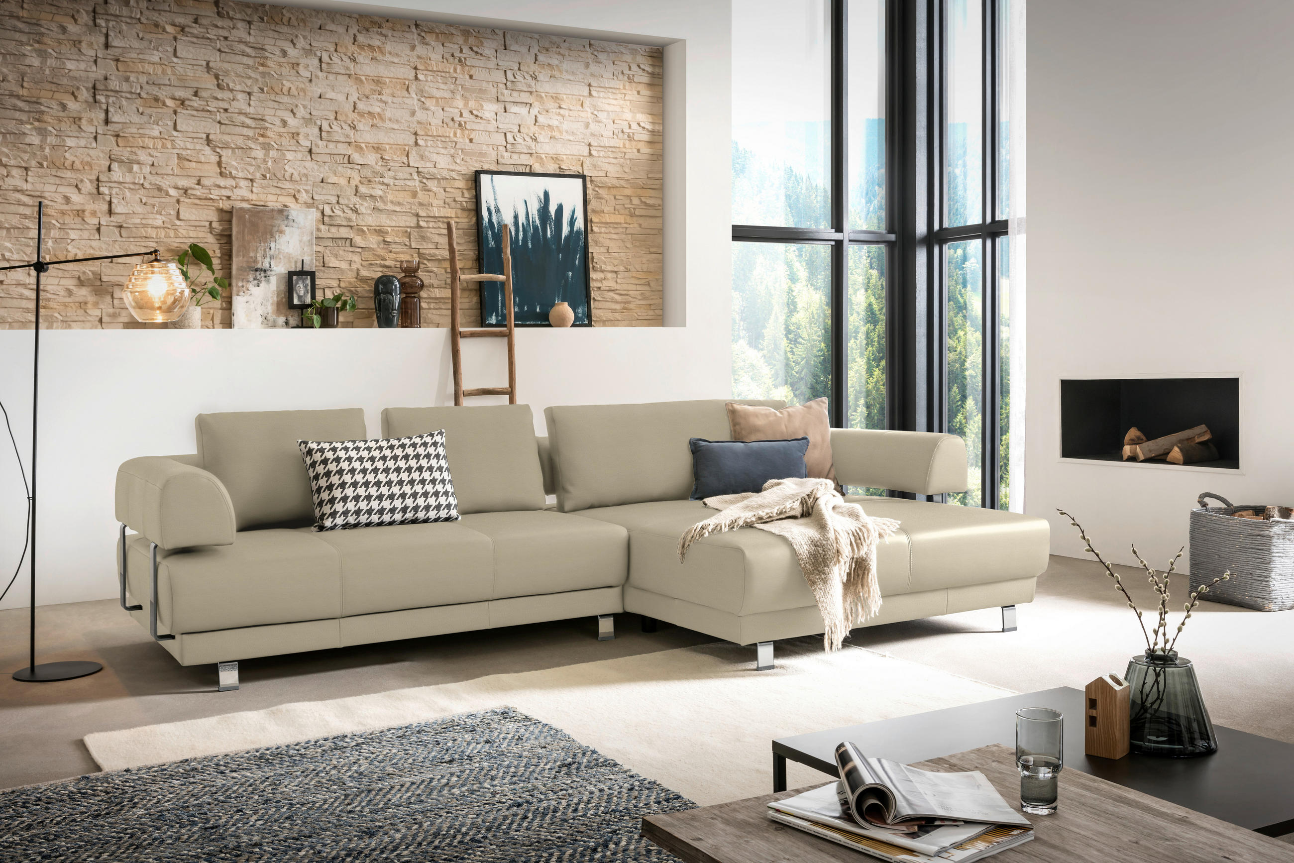 ECKSOFA Sandfarben Echtleder  - Sandfarben, Design, Leder/Metall (307/188cm)