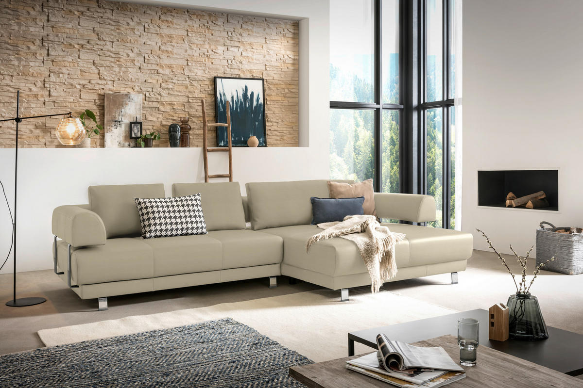 ECKSOFA in Echtleder Sandfarben  - Sandfarben, Design, Leder/Metall (307/188cm)