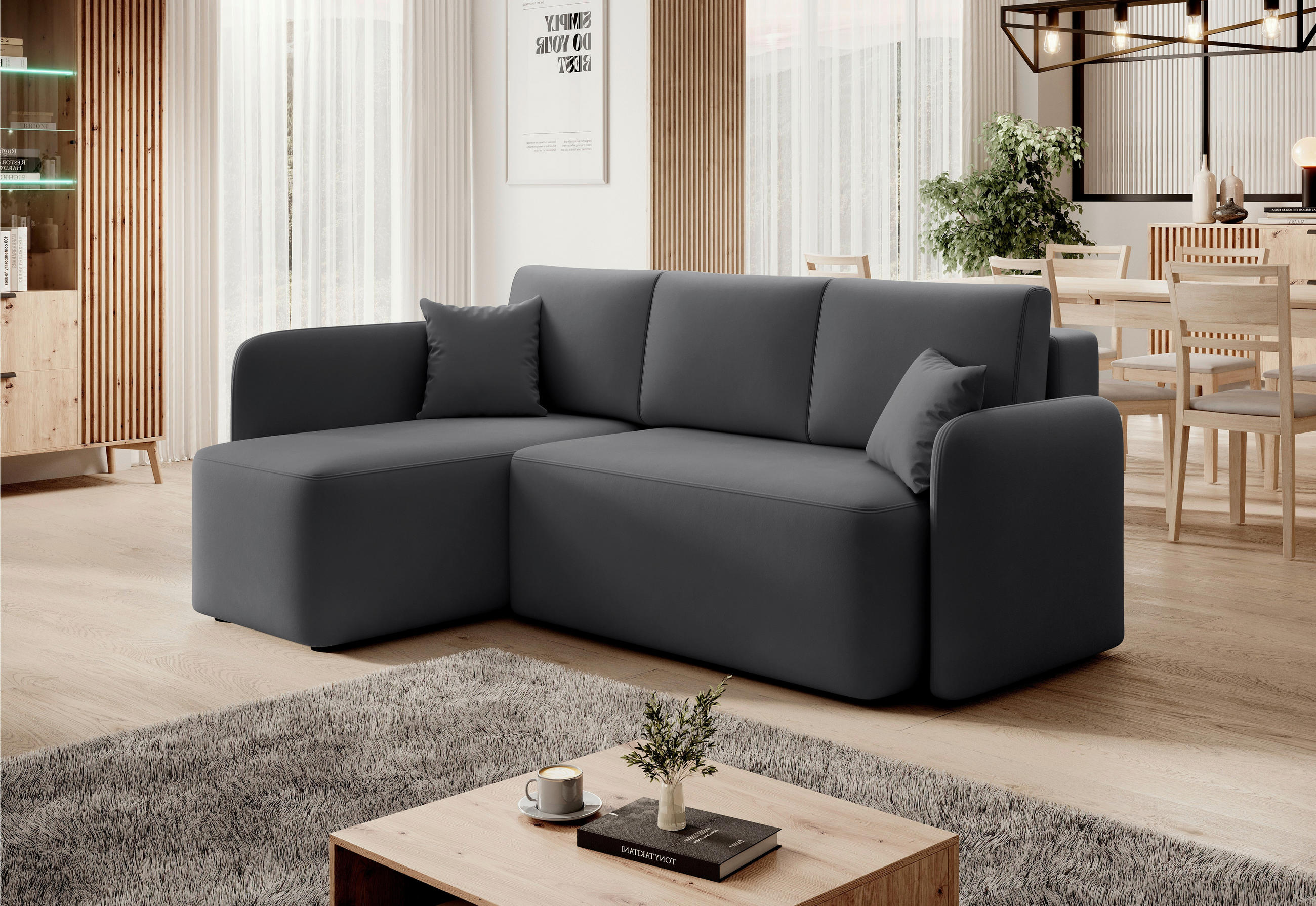 ECKSOFA in Plüsch Grau  150/206 cm  - Schwarz/Grau, Design, Kunststoff/Textil (150/206cm) - MID.YOU