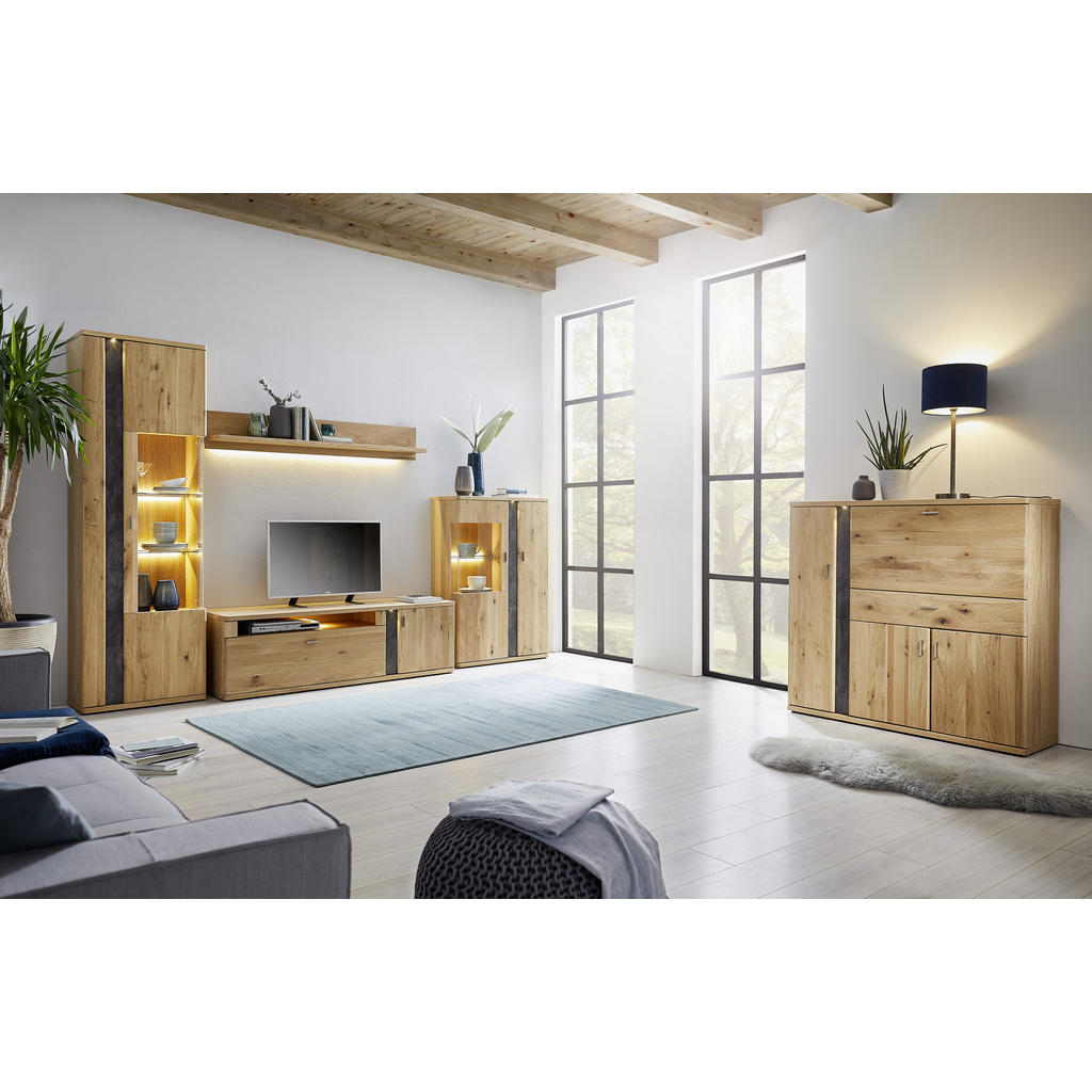 Thumbnail - Voleo Highboard Turego, Schiefer, Eiche, Metall, Eiche, furniert,furniert, massiv,massiv, 2 Fächer, 1 Schubladen, 128.6x...