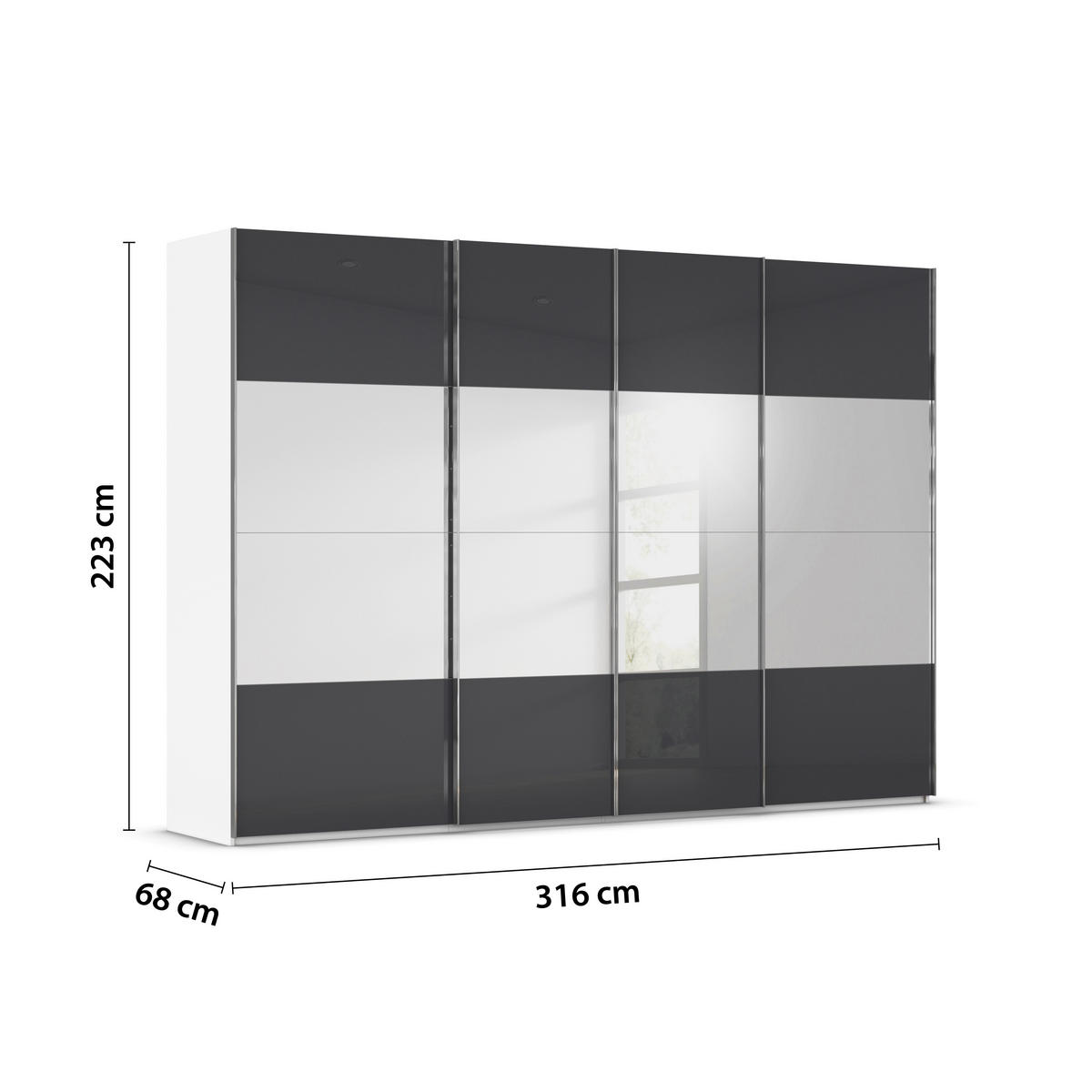 SCHWEBETÜRENSCHRANK 316/223/68 cm 4-türig Schwarz, Weiß  - Chromfarben/Schwarz, Design, Glas/Holzwerkstoff (316/223/68cm) - Novel