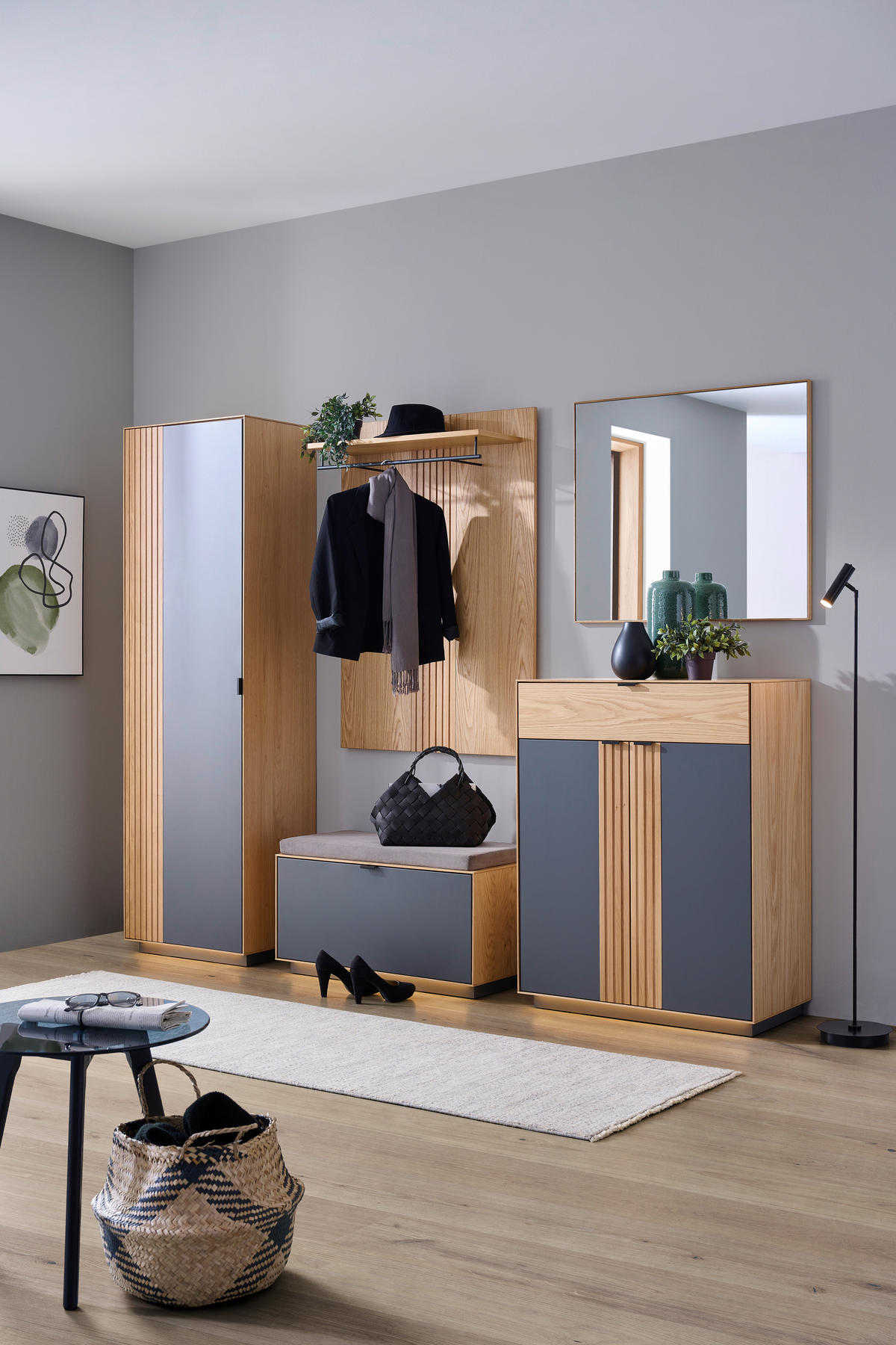 GARDEROBE 6-teilig  in 250/200/42 cm  - Eichefarben/Grau, Natur, Holz/Holzwerkstoff (250/200/42cm) - Linea Natura