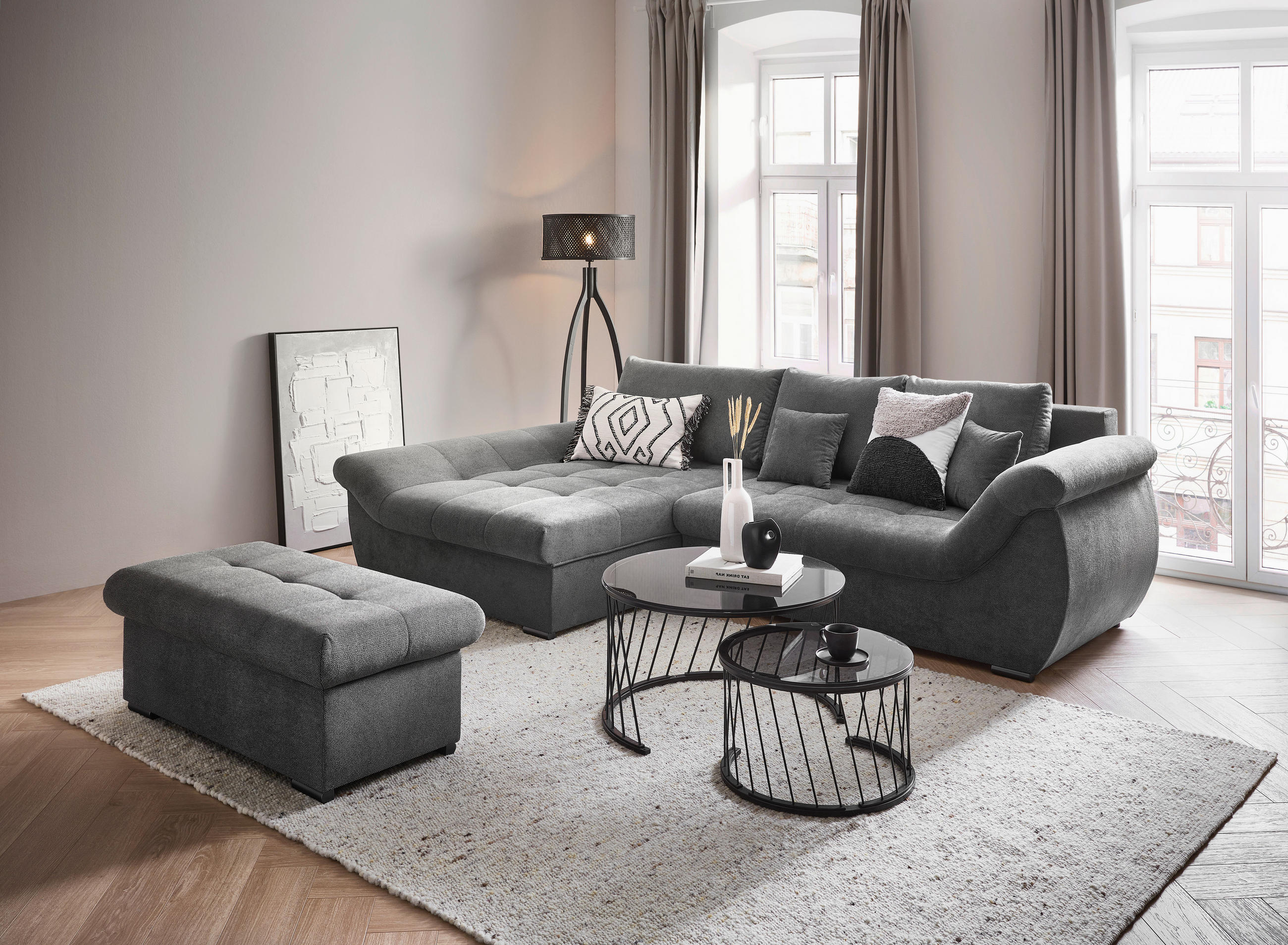 ECKSOFA Grau Flachgewebe  - Schwarz/Grau, Design, Kunststoff/Textil (175/278cm) - Xora