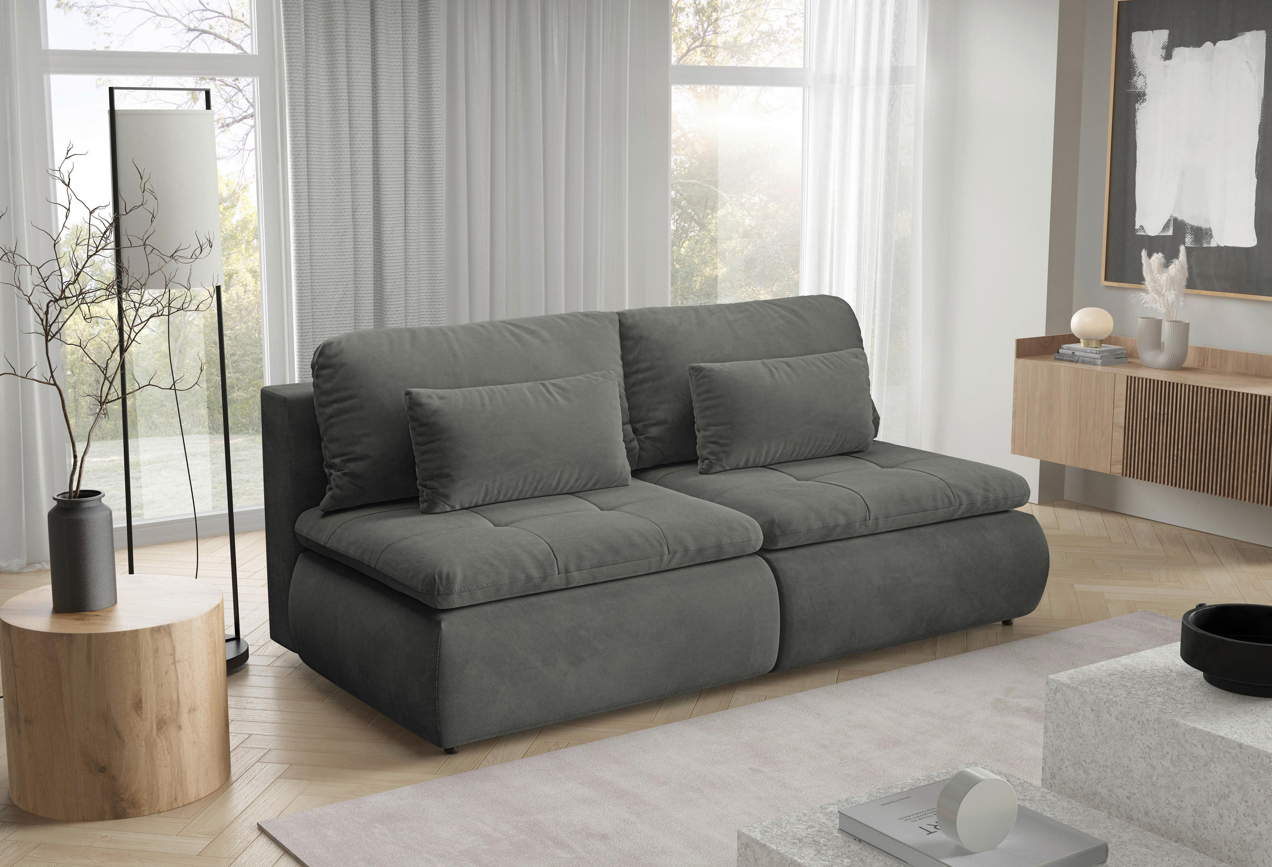 SCHLAFSOFA MYSTIC in Plüsch Grau  - Schwarz/Grau, Design, Kunststoff/Textil (220/94/114cm) - Livetastic